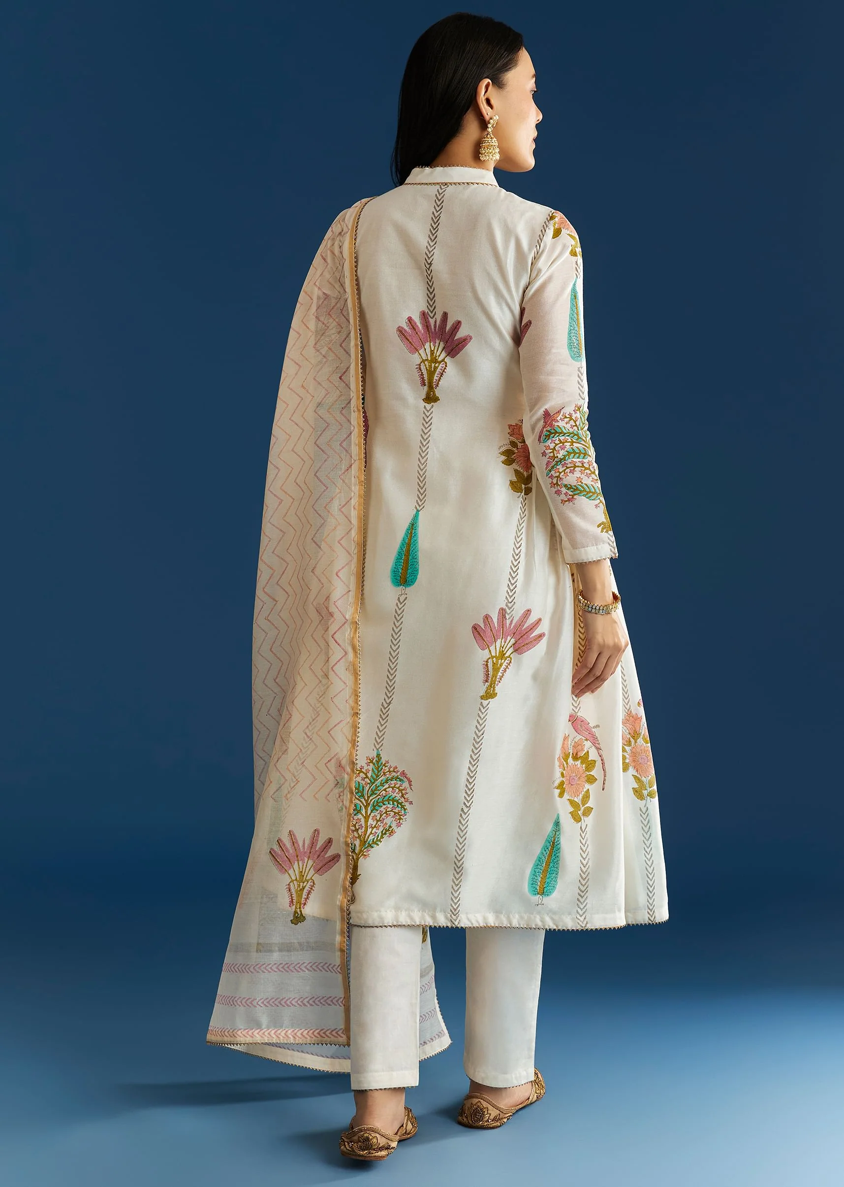 Off White Block Print Anarkali With Gotta Lace Neckline And Dupatta - Image 5
