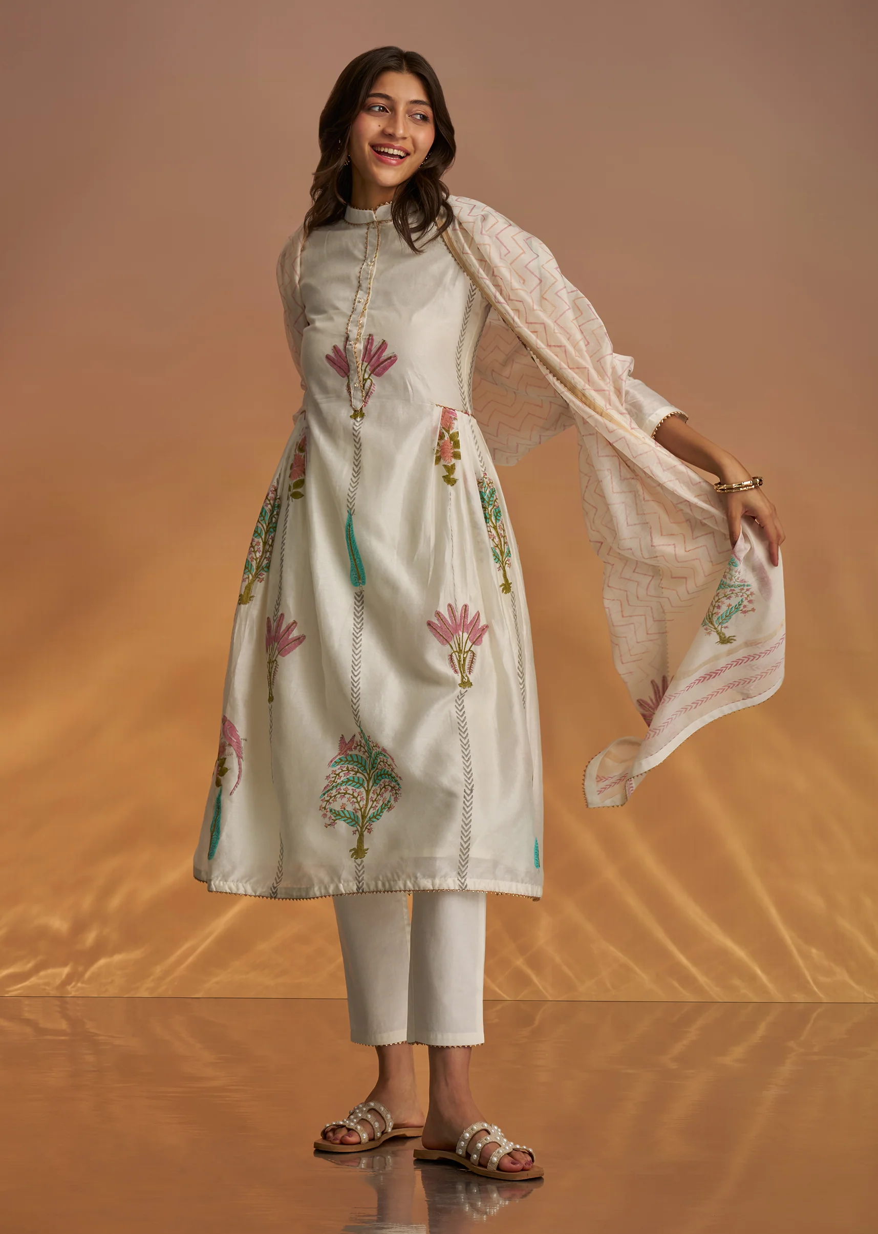 Off White Block Print Anarkali With Gotta Lace Neckline And Dupatta - Image 7
