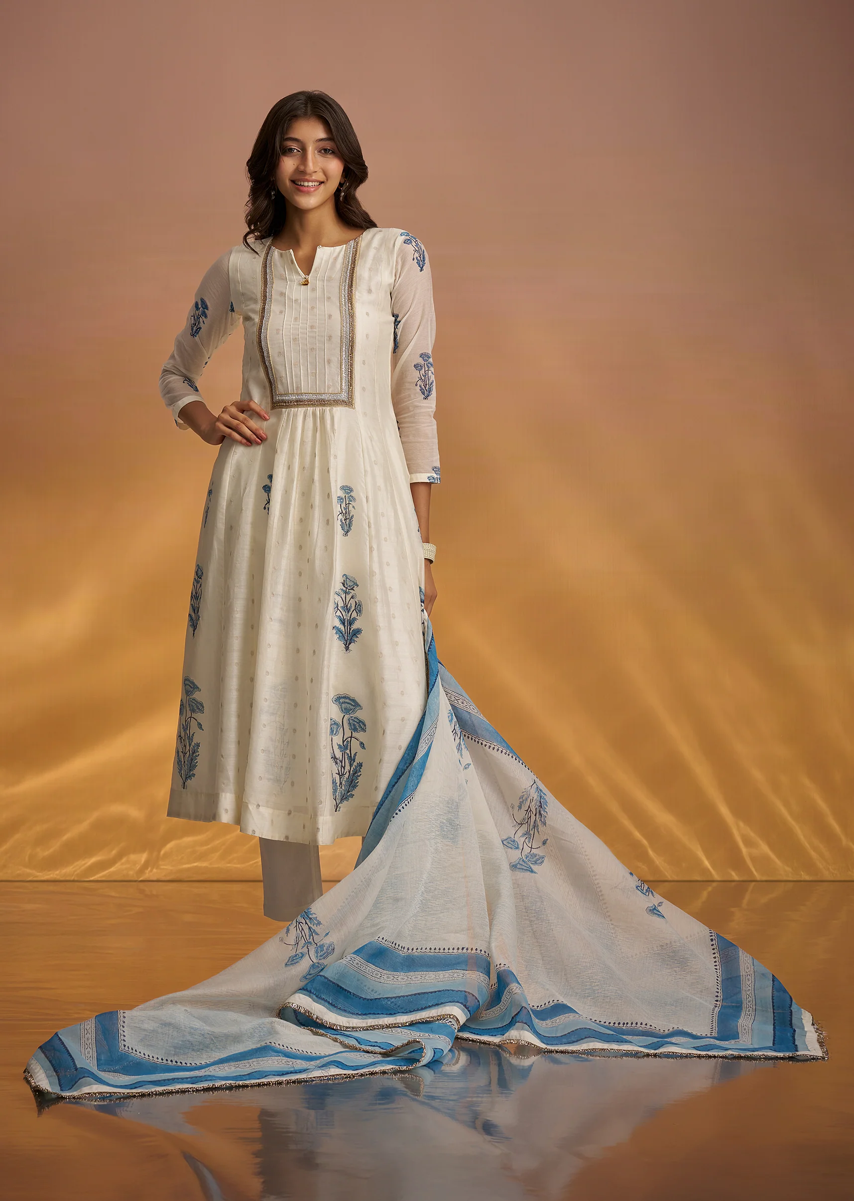 Off White Block Print Anarkali With Zardosi Yoke And Block Print Dupatta - Image 7