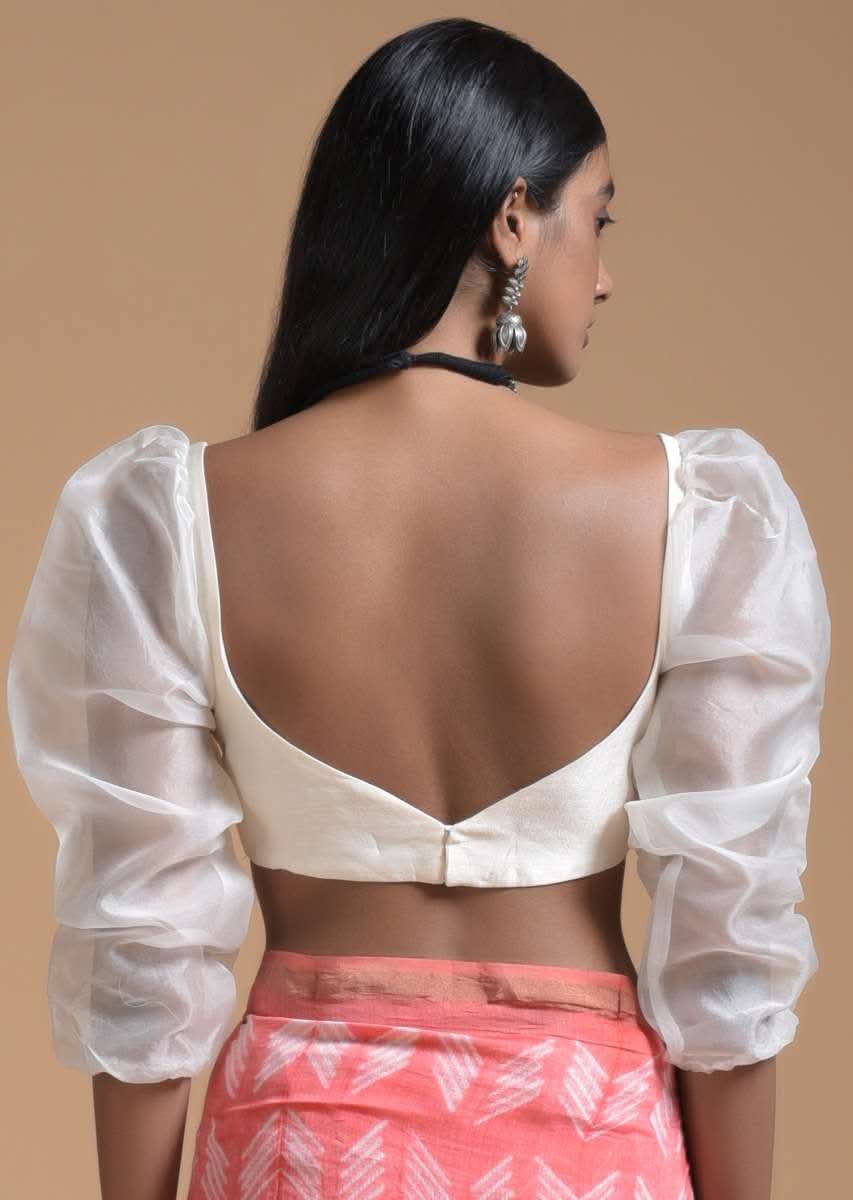 Off White Blouse In Raw Silk With Fancy Puffed Organza Sleeves And Sweetheart Neckline - Image 2