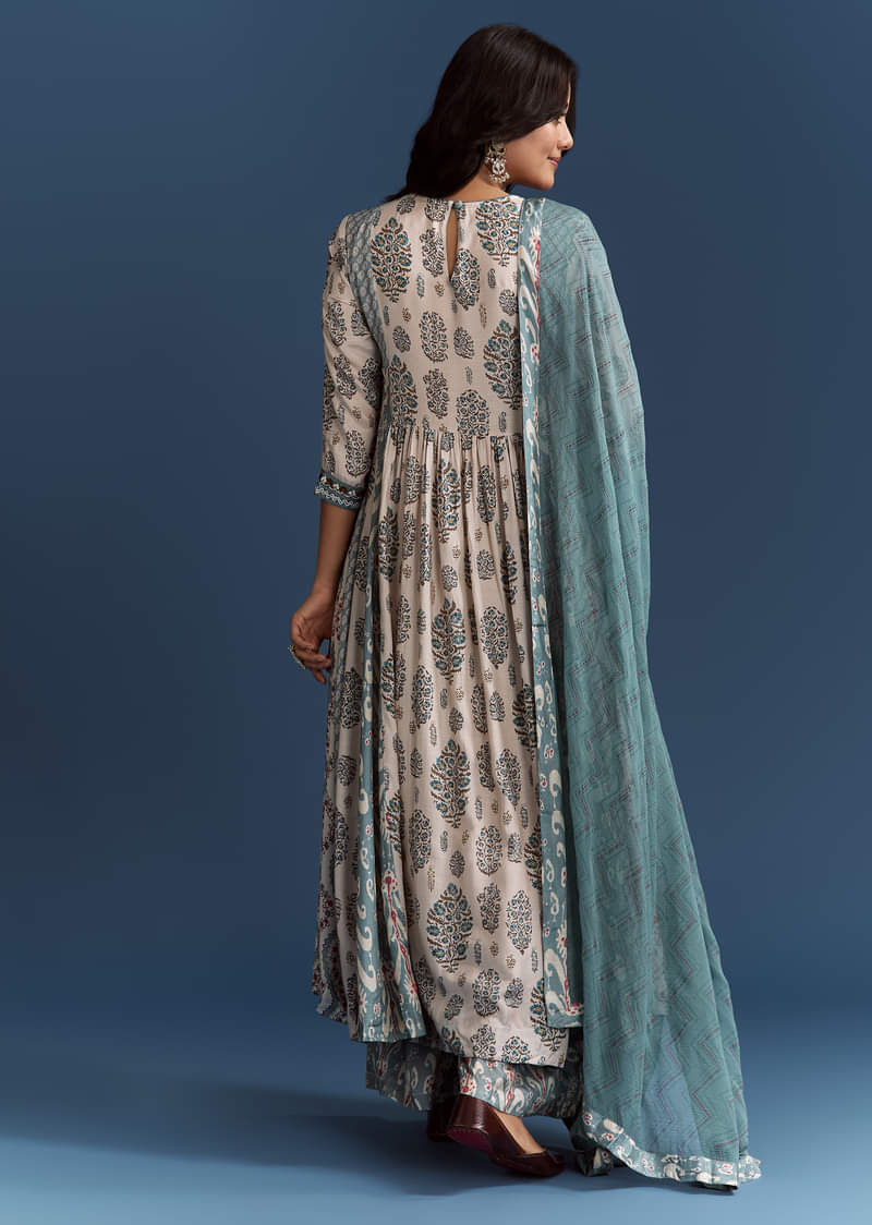 Off White Blue Muslin Anarkali With Print Detail - Image 6