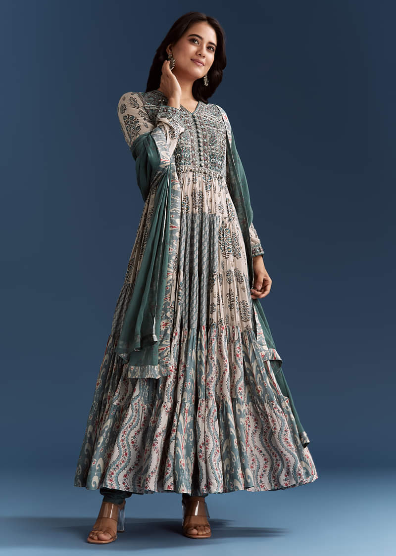 Off White Blue Printed Muslin Anarkali With Dupatta - Image 3