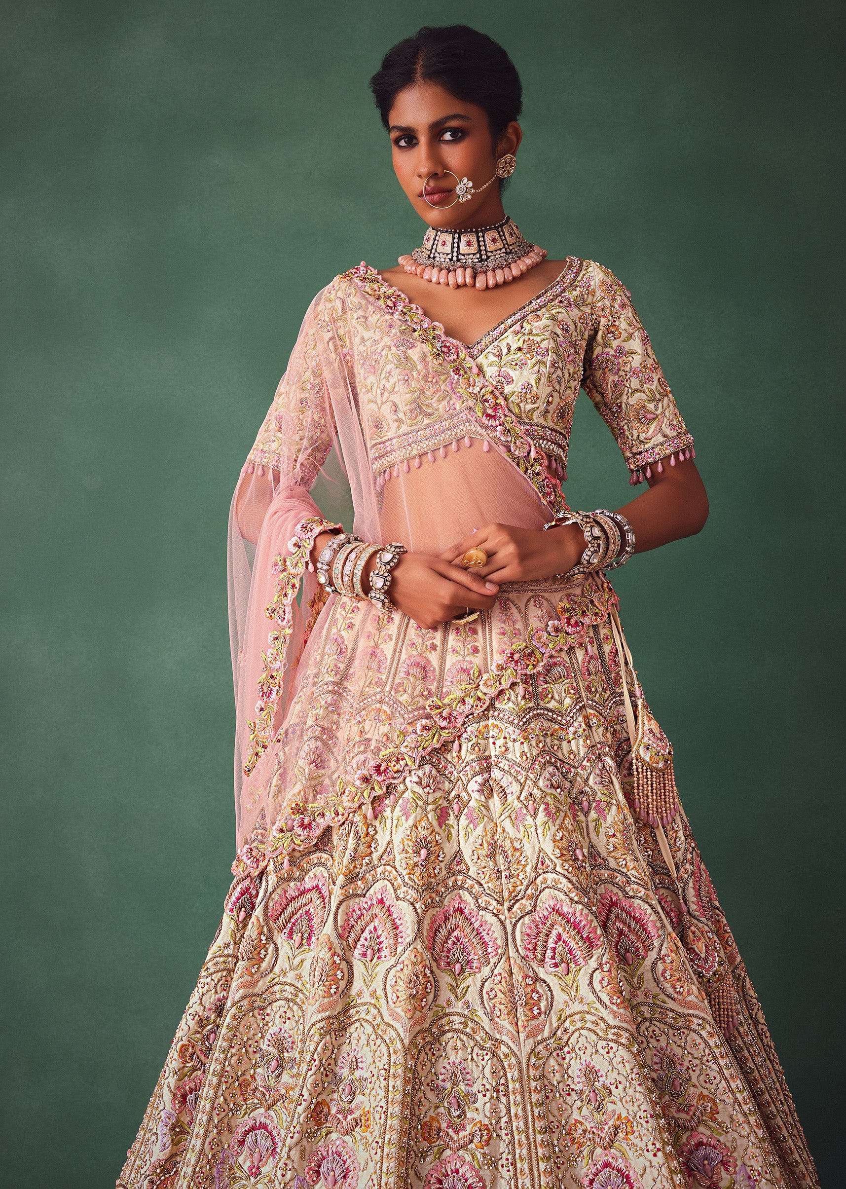 Off White Bridal Lehenga Blouse And Dupatta With Multi Colour Thread Work - Image 2