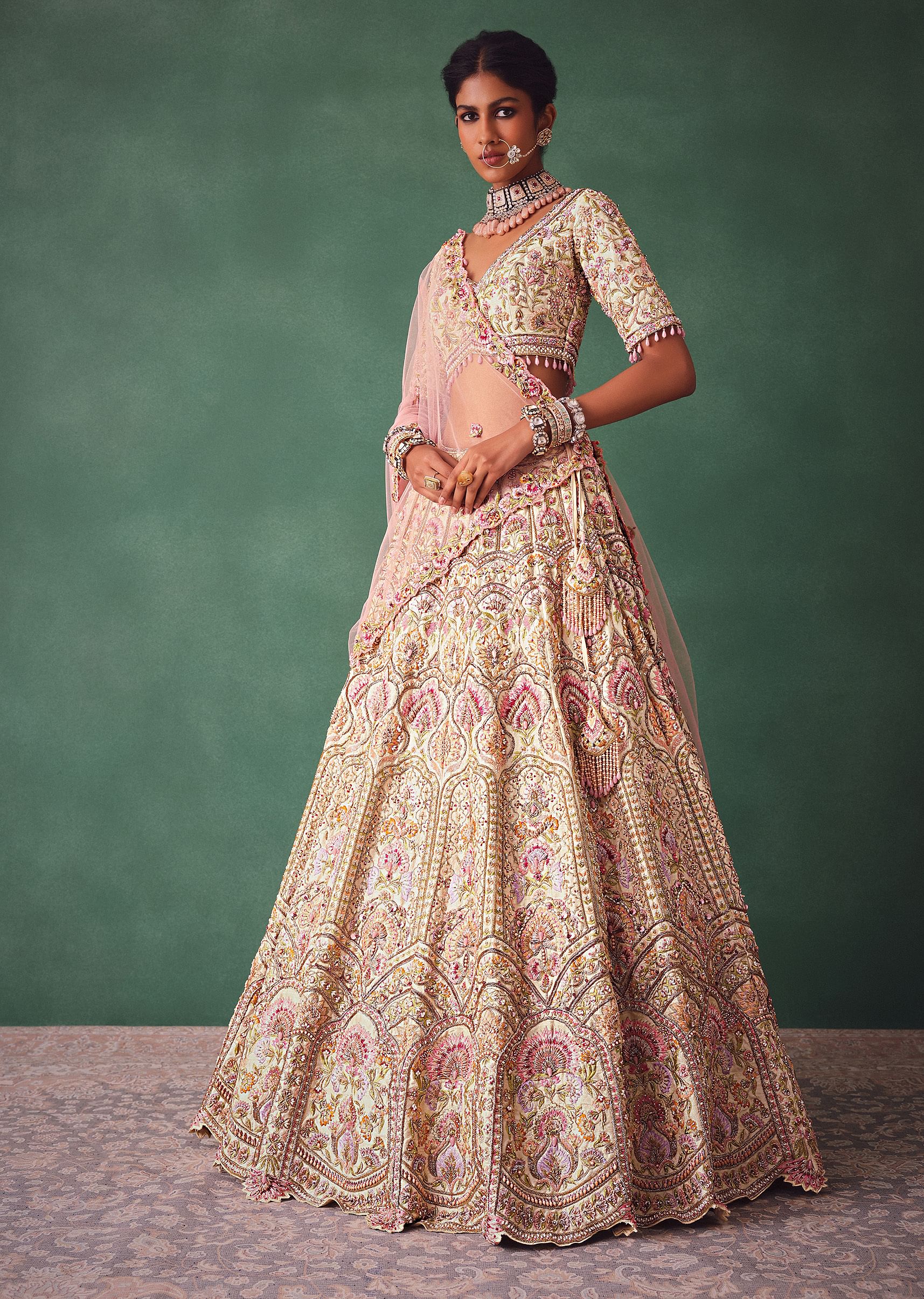 Off White Bridal Lehenga Blouse And Dupatta With Multi Colour Thread Work - Image 3