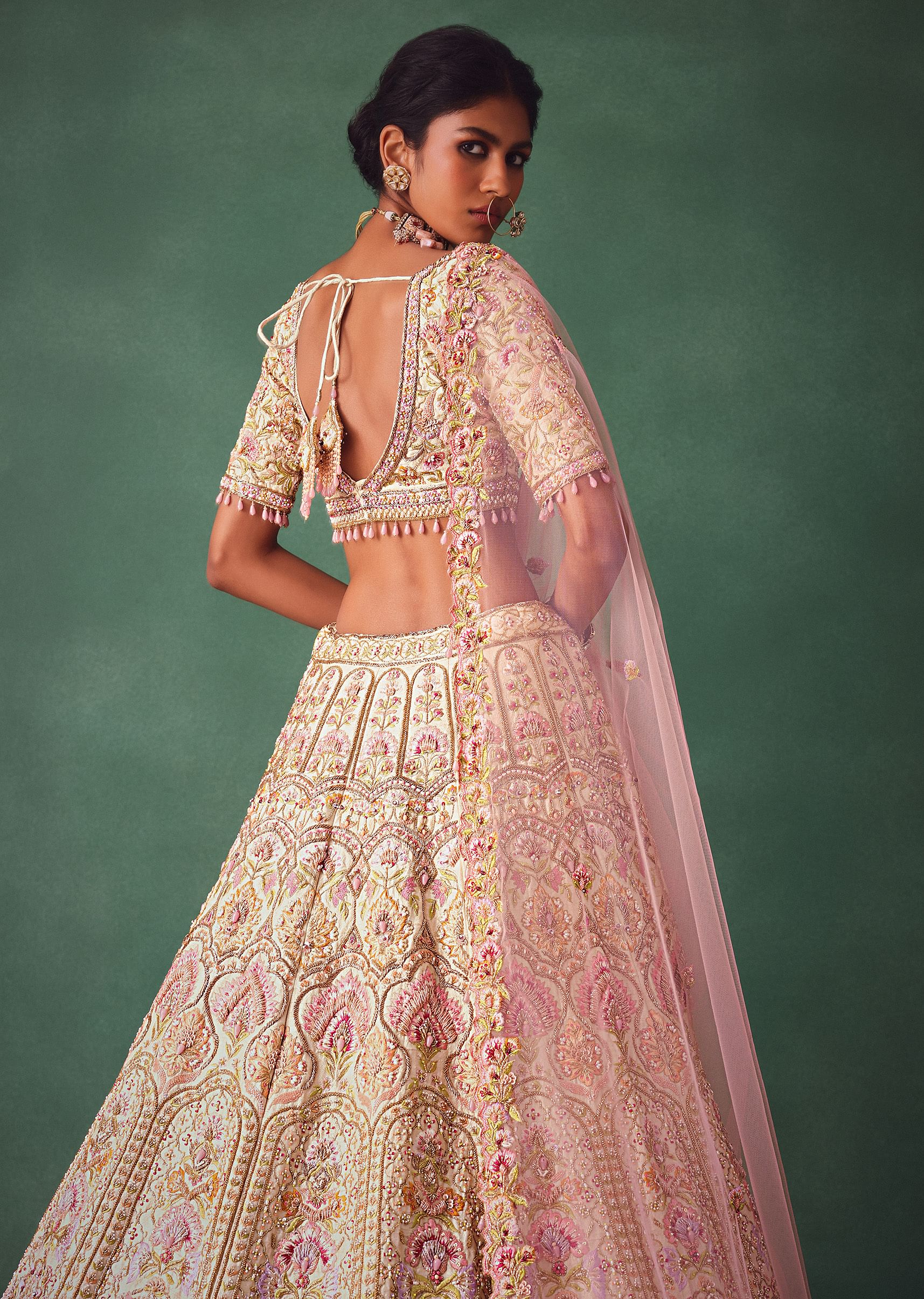 Off White Bridal Lehenga Blouse And Dupatta With Multi Colour Thread Work - Image 4