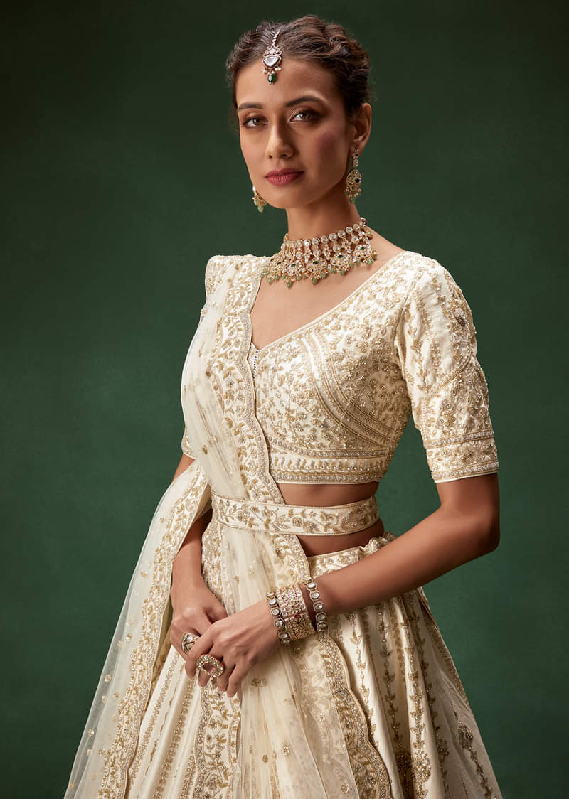 Off White Bridal Lehenga Set With Boat Neck Blouse And Regal Zari Work - Image 3
