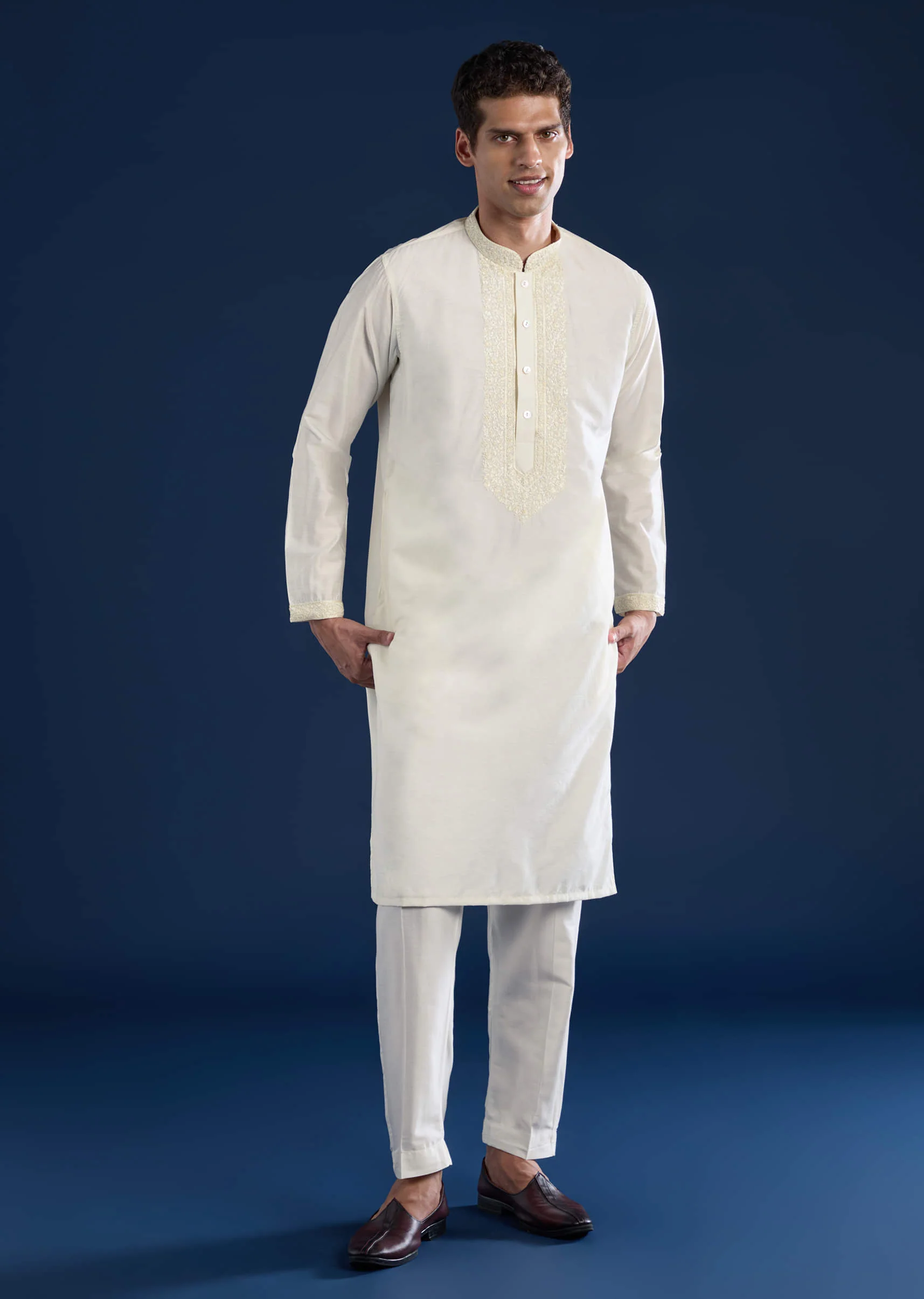 Off White Chanderi Kashmiri Work Mens Kurta and Pant Set - Image 2
