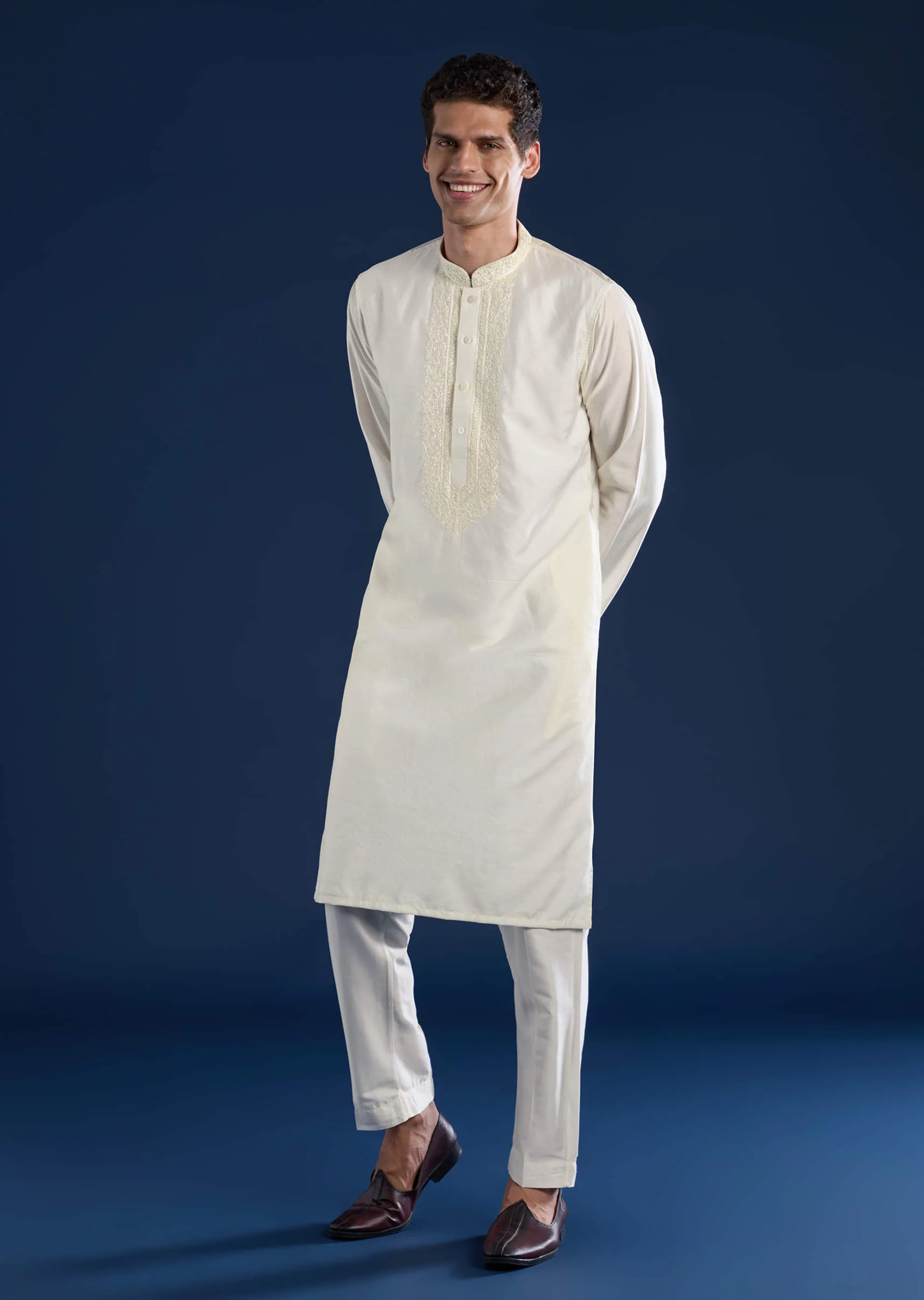 Off White Chanderi Kashmiri Work Mens Kurta and Pant Set - Image 4