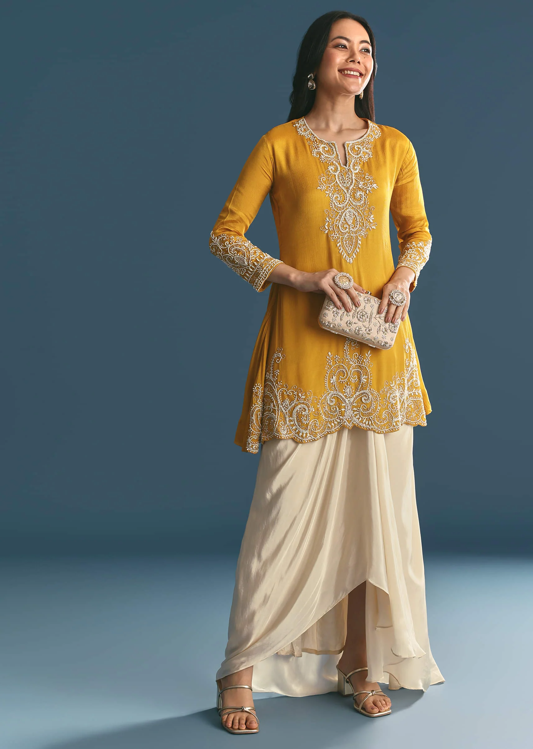Off White Chinon Skirt Set With Yellow Moti Embroidered Kurta - Image 3