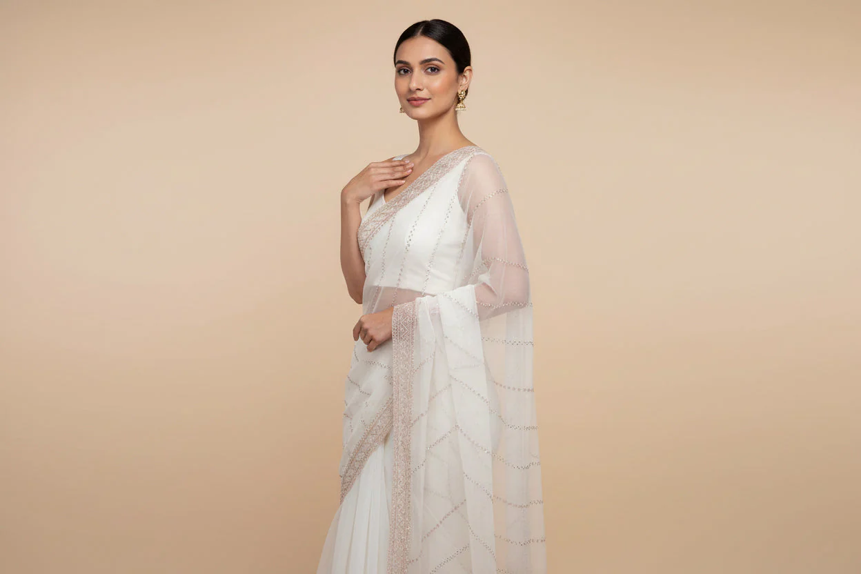 Off White Clean Embroidered Saree