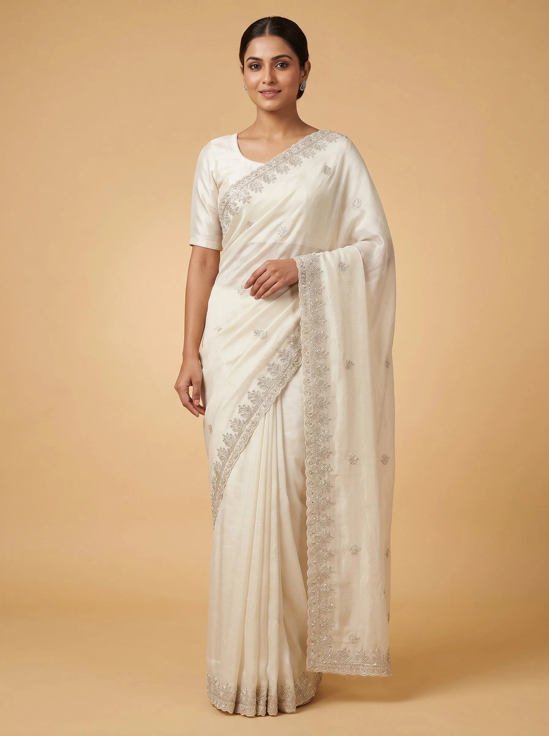 Off White Clean Finish Embroidered Saree