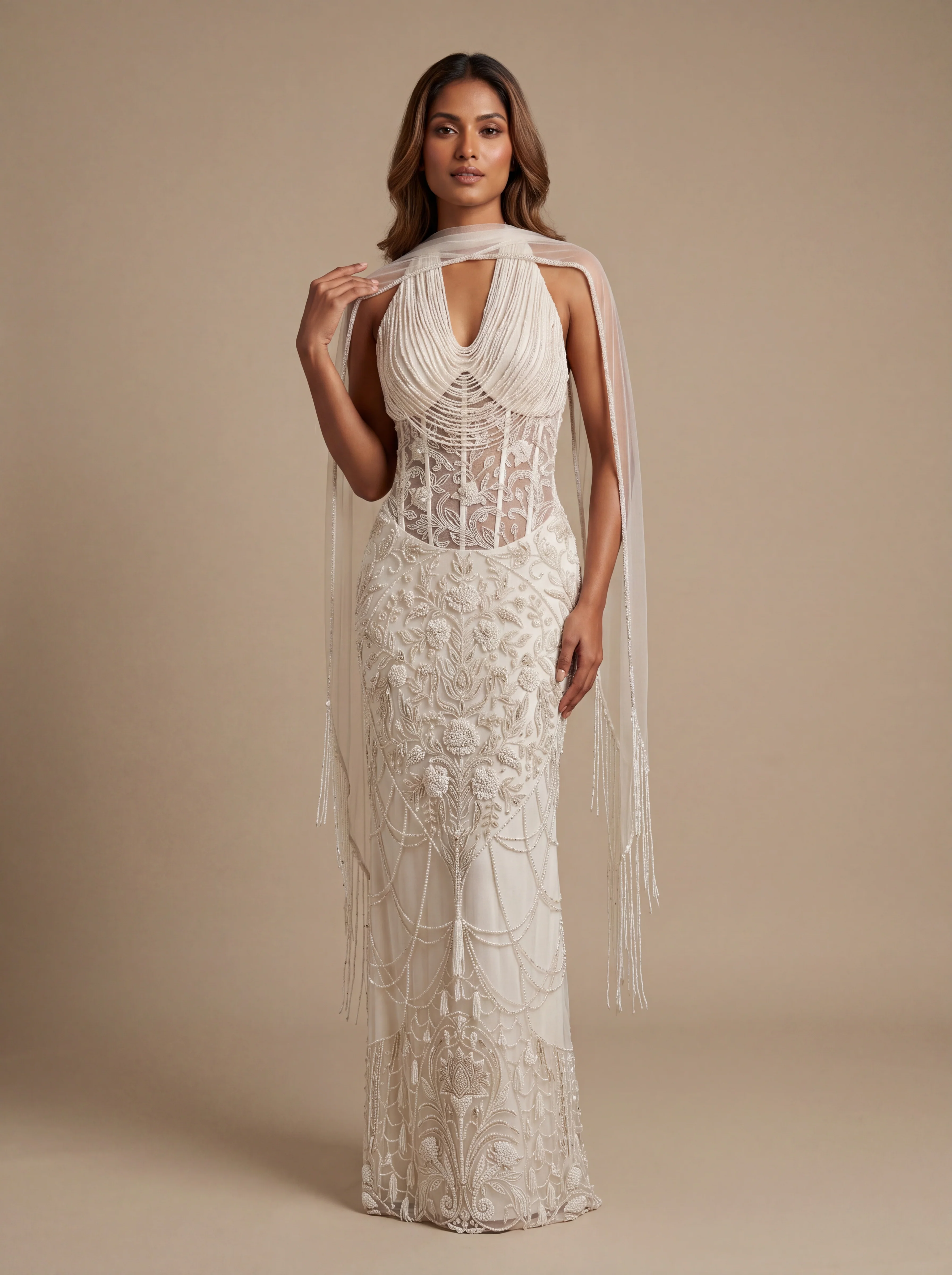 Off White Contemporary Bridal Lehenga With Backless Blouse  Drape