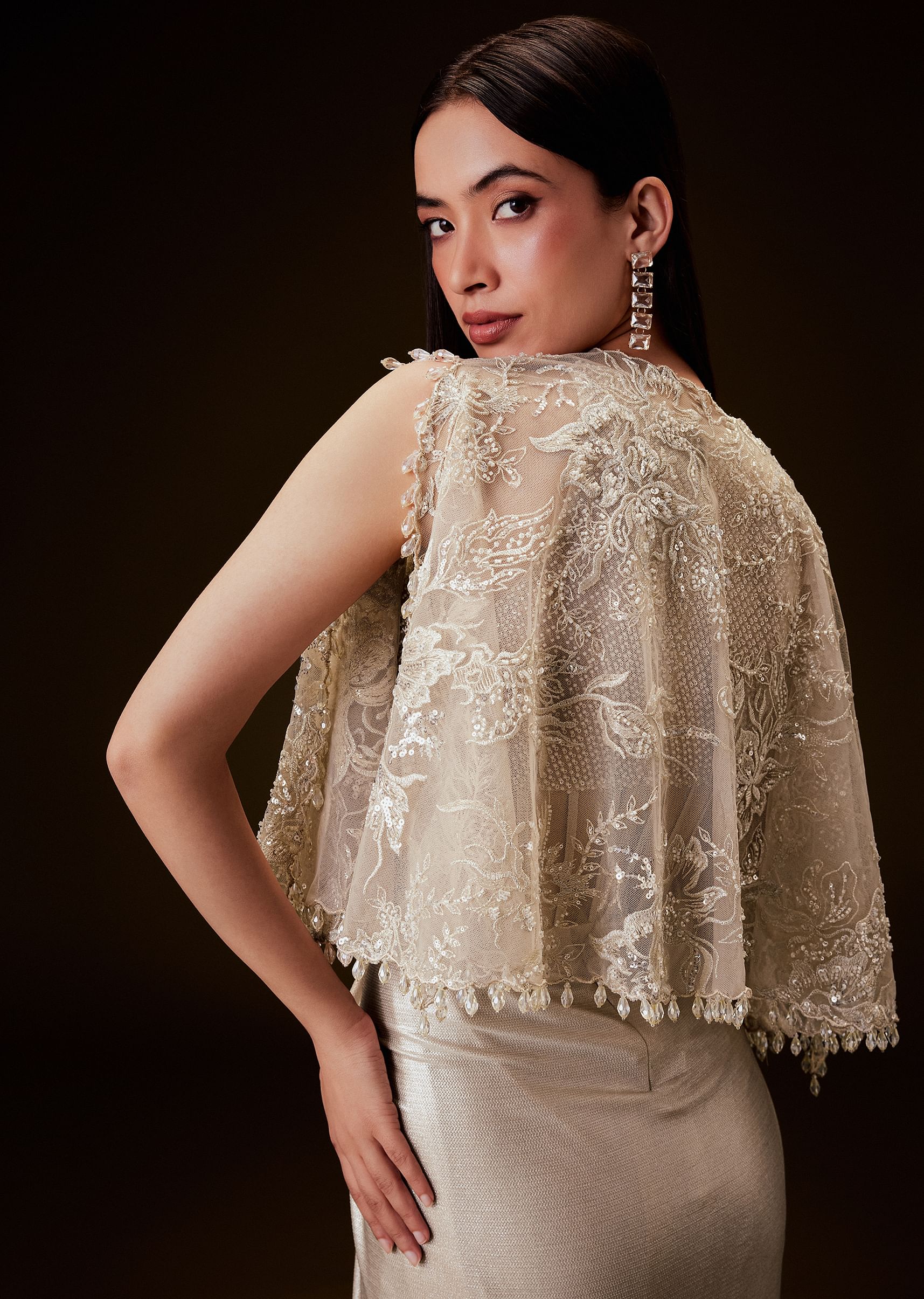 Off White Corset Gown With Sheer Waistline And Embroidered Cape - Image 4
