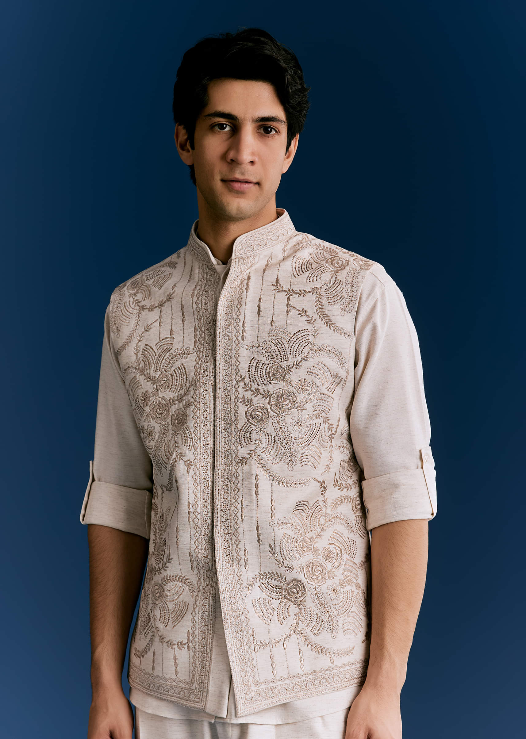 Off White Cotton Kurta Jacket Set With Embroidery