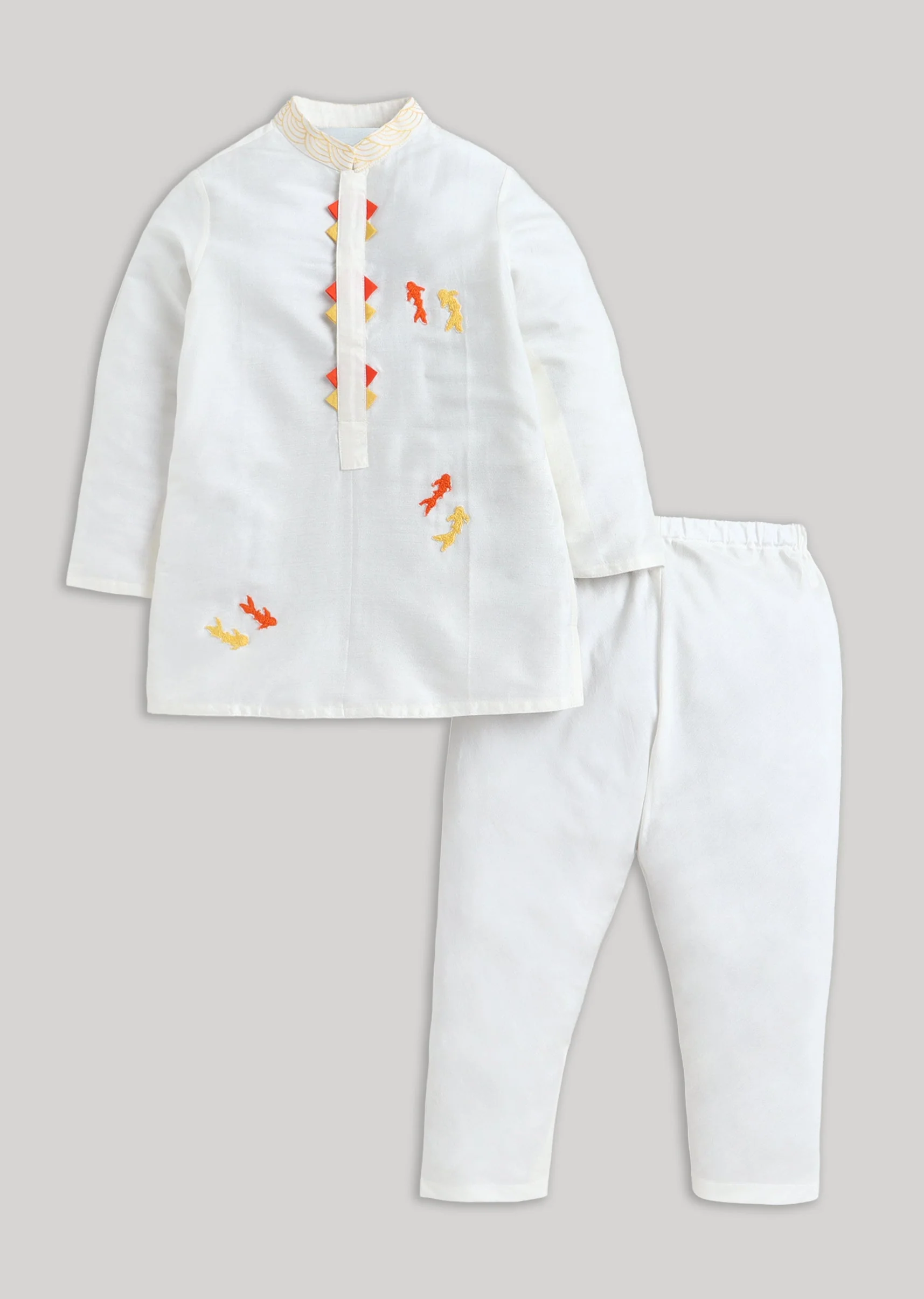 Off White Cotton Kurta Set With Mandarin Collar
