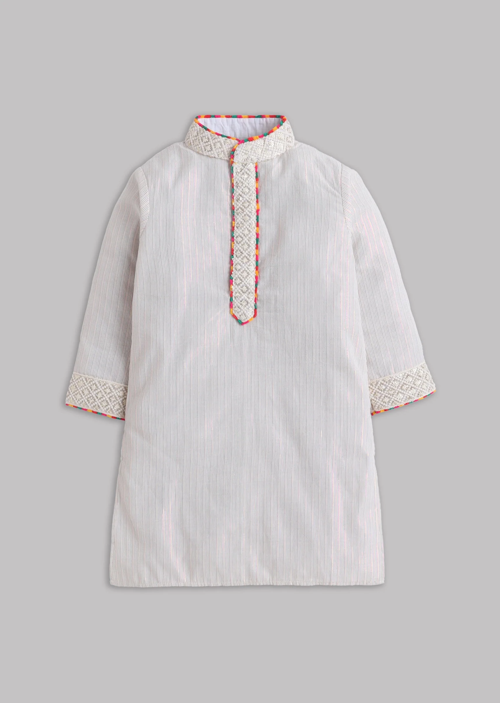 Off White Cotton Lurex Kurta Set With Multicolor Neck Detail - Image 2