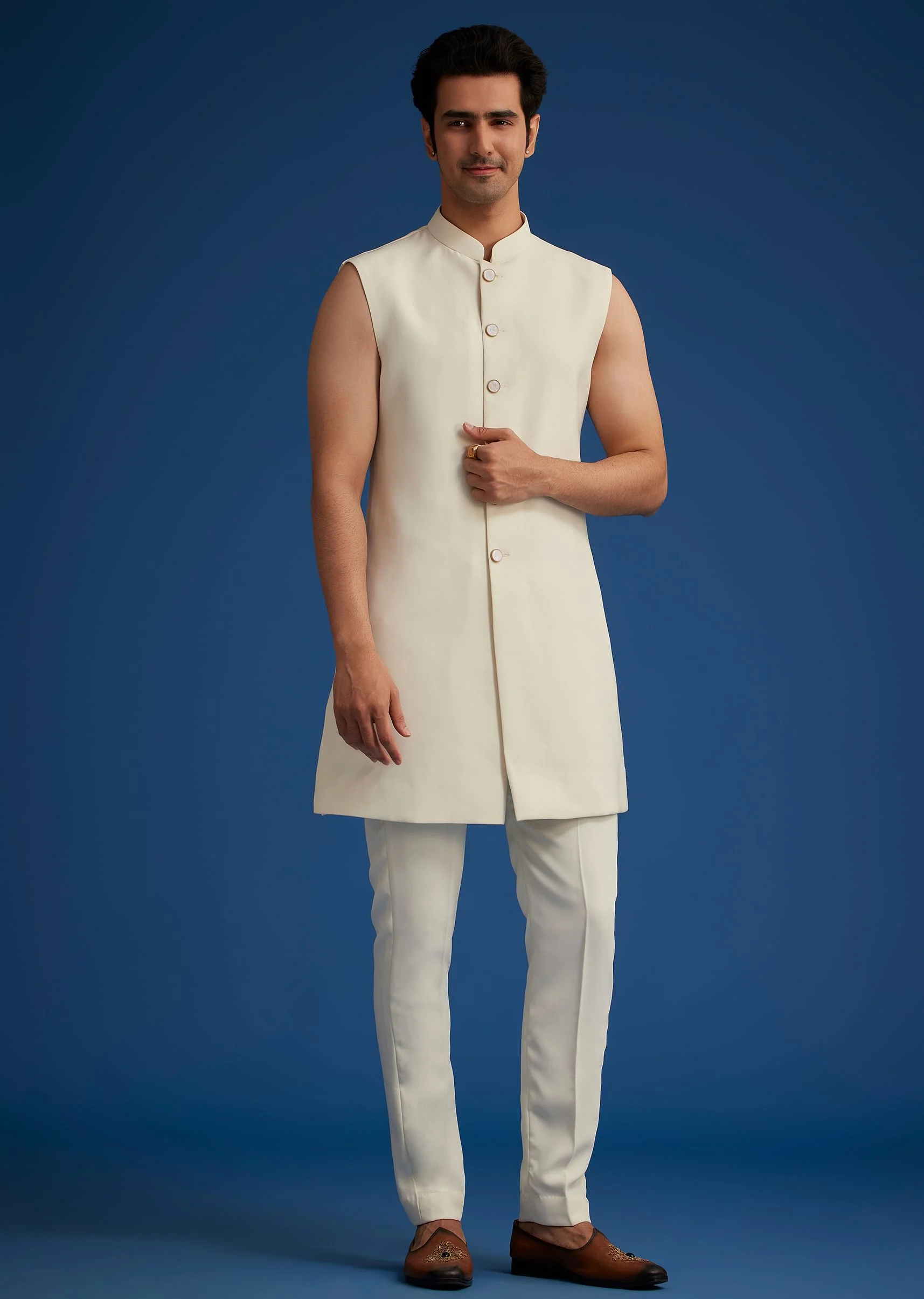 Off White Cotton Satin Sherwani Set With Hand Embroidered Jacket - Image 6