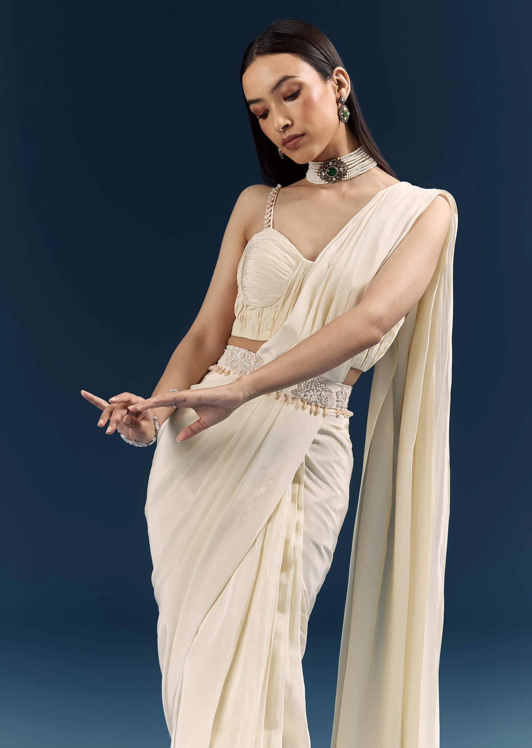 Off White Crepe Ready Pleated Saree With Heavy Embroidery - Image 2