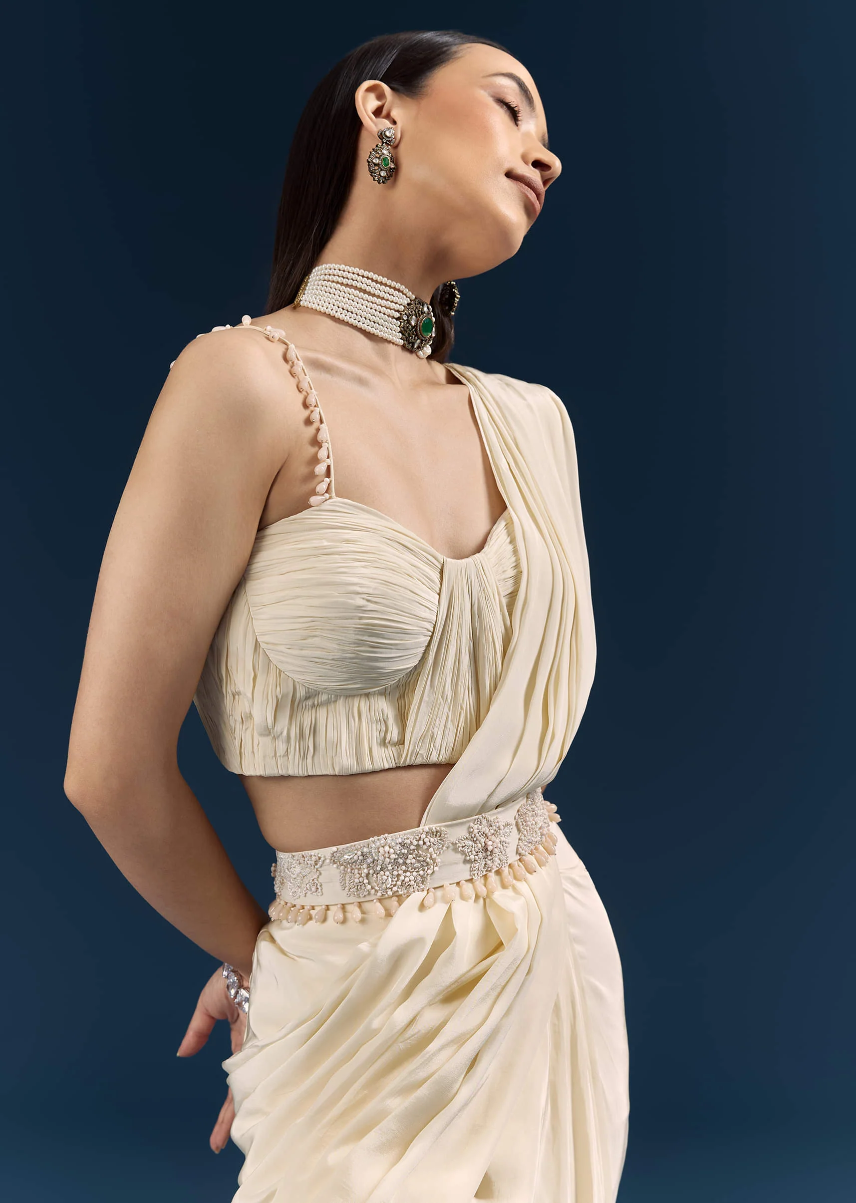 Off White Crepe Ready Pleated Saree With Heavy Embroidery - Image 3