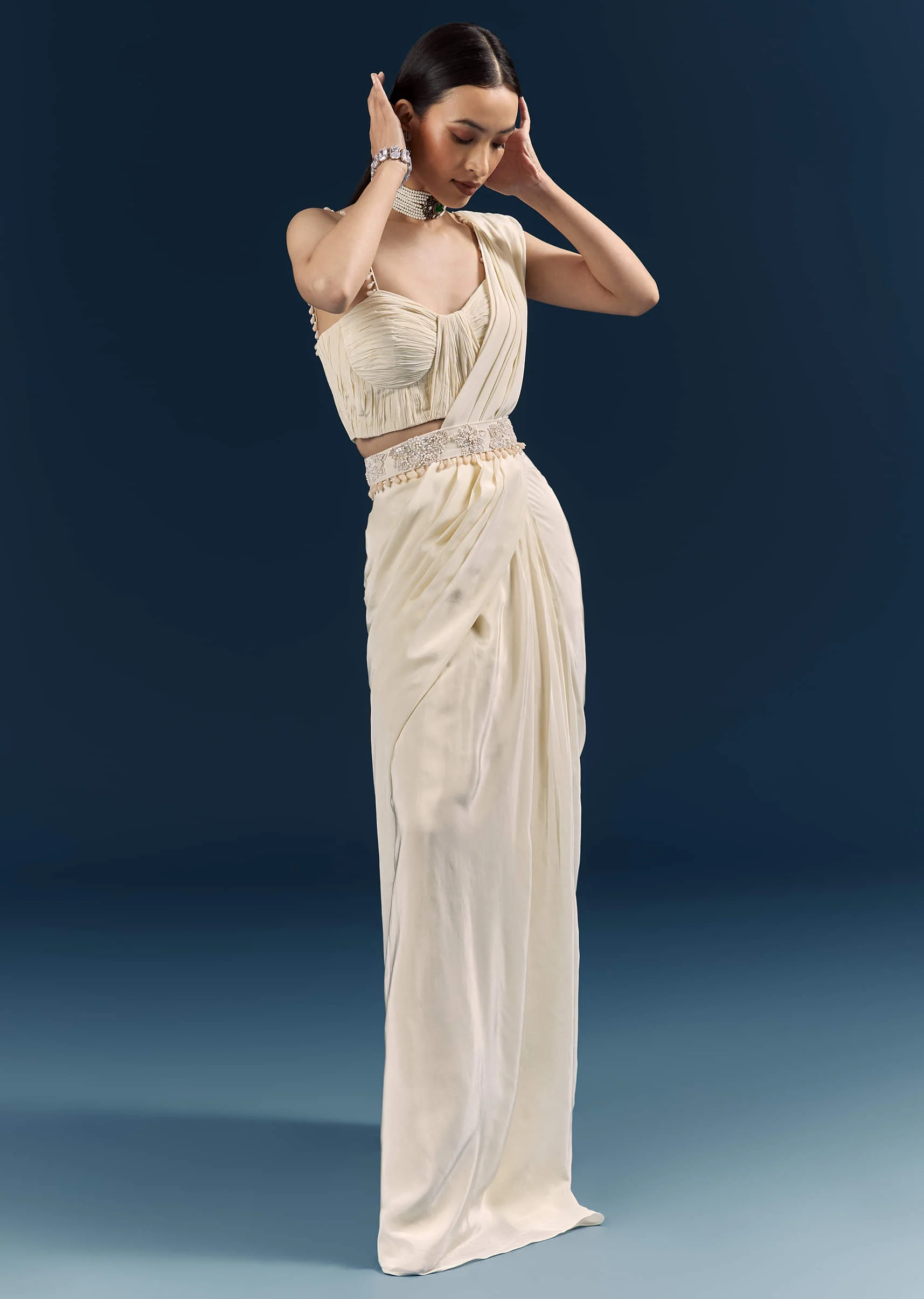 Off White Crepe Ready Pleated Saree With Heavy Embroidery - Image 4