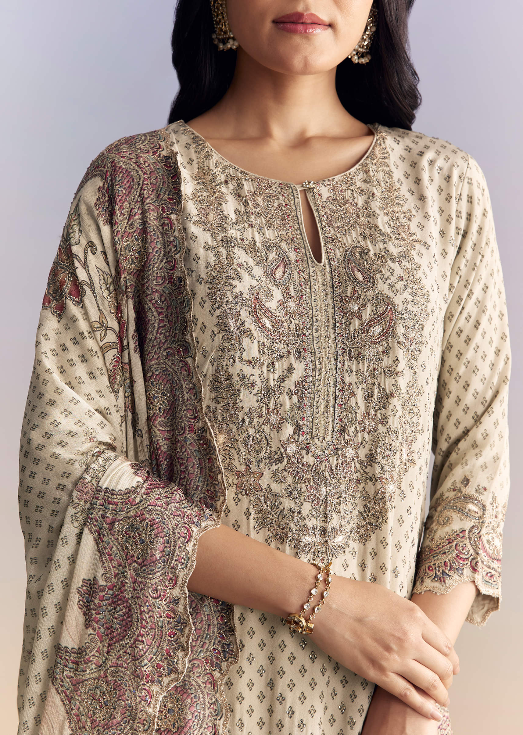 Off White Crepe Sharara Suit With Paisley Print - Image 2