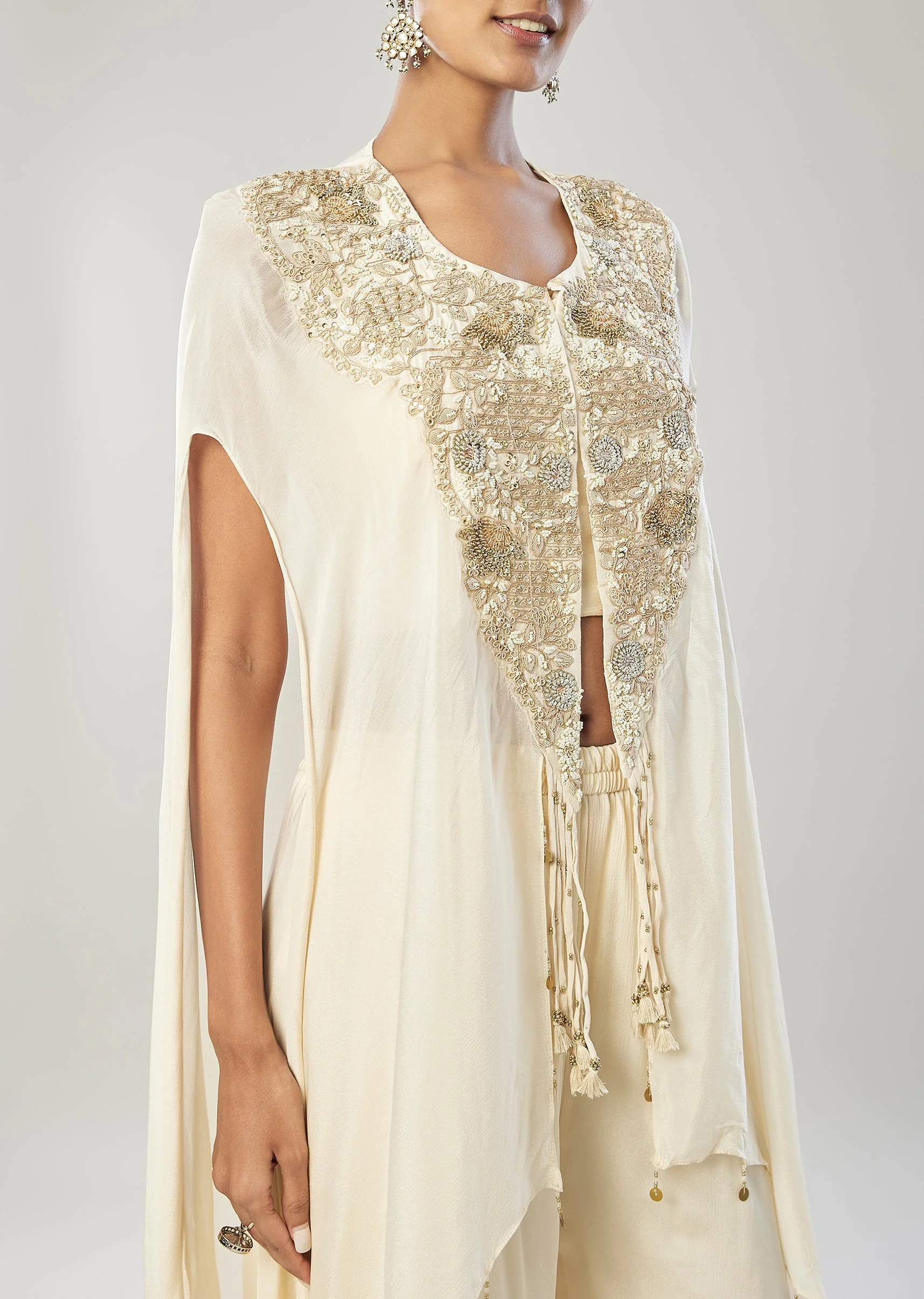 Off White Crop Top Cape And Palazzo Set - Image 2