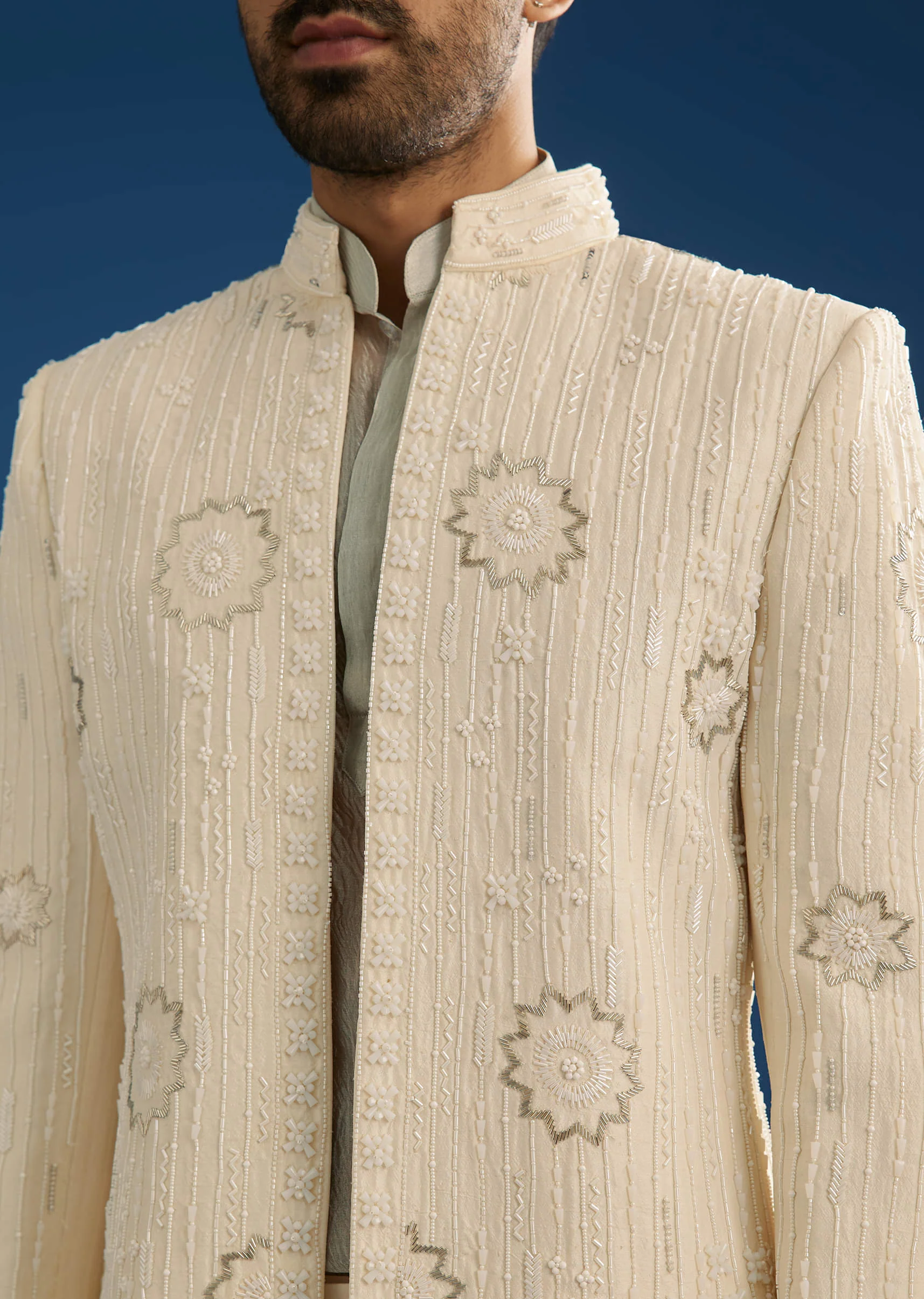 Off White Crush Tissue Sherwani Set With Beads And Cutdana Work - Image 2