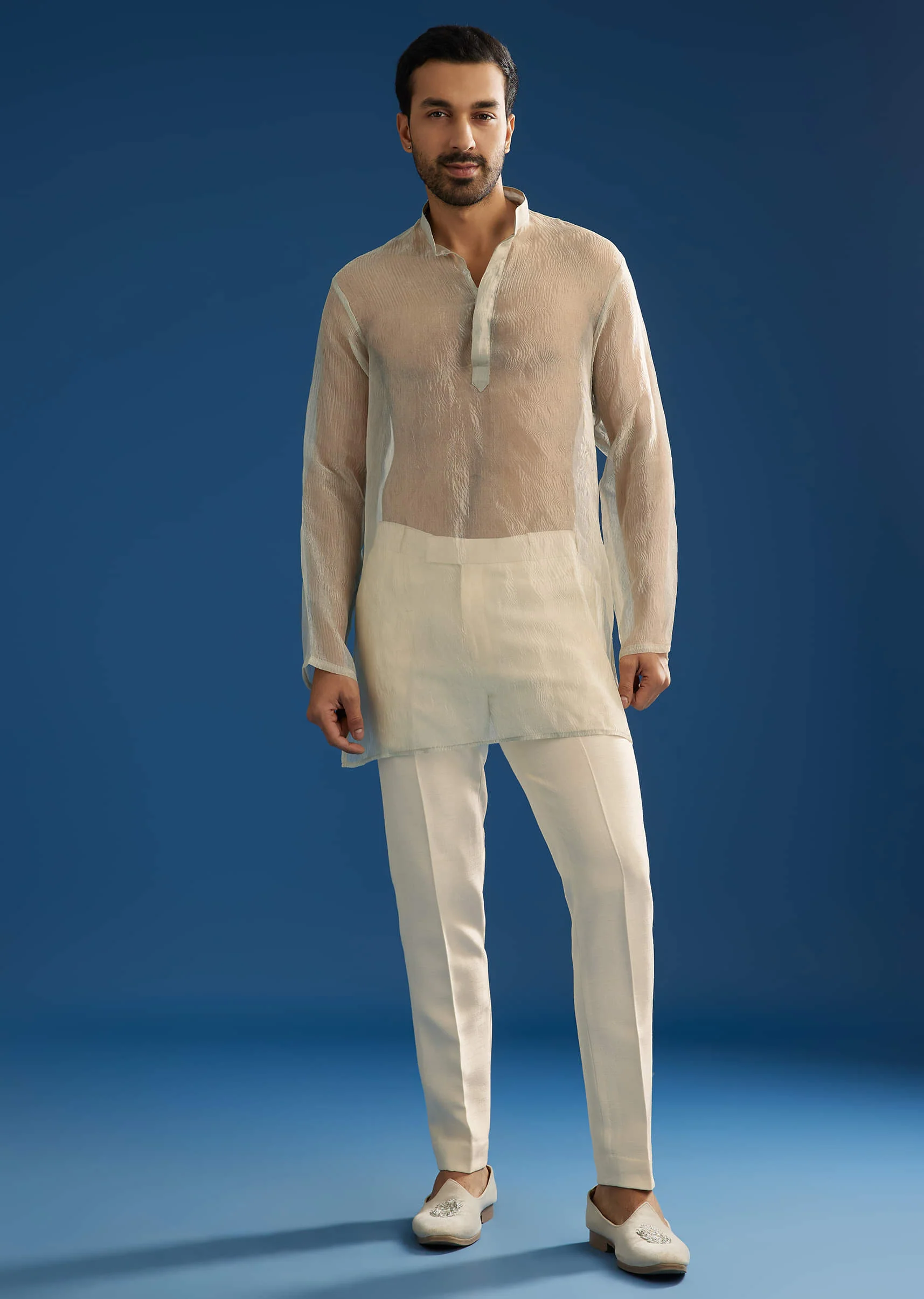 Off White Crush Tissue Sherwani Set With Beads And Cutdana Work - Image 6
