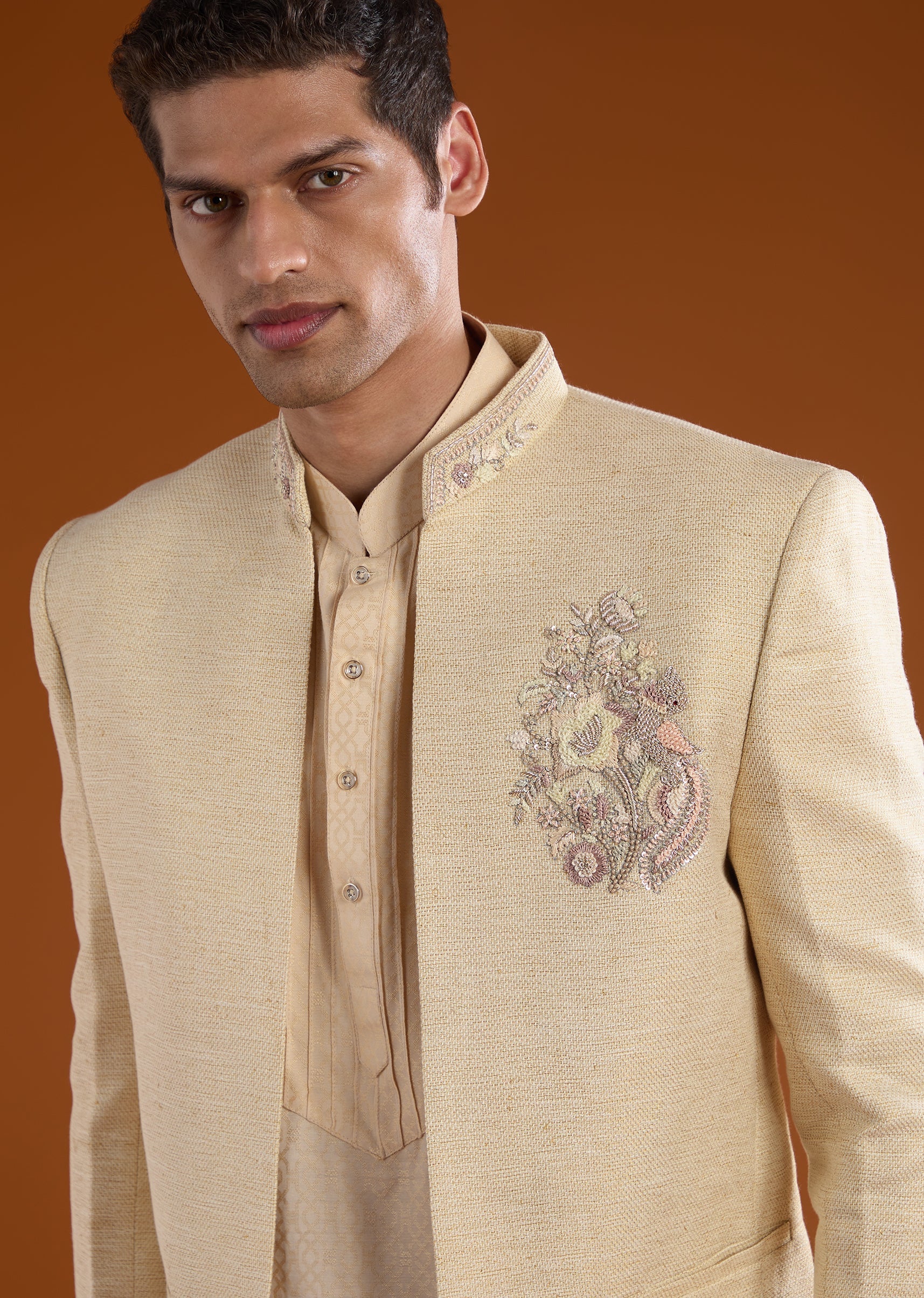 Off White Embellished Jodhpuri Kurta Set with Zardozi Work