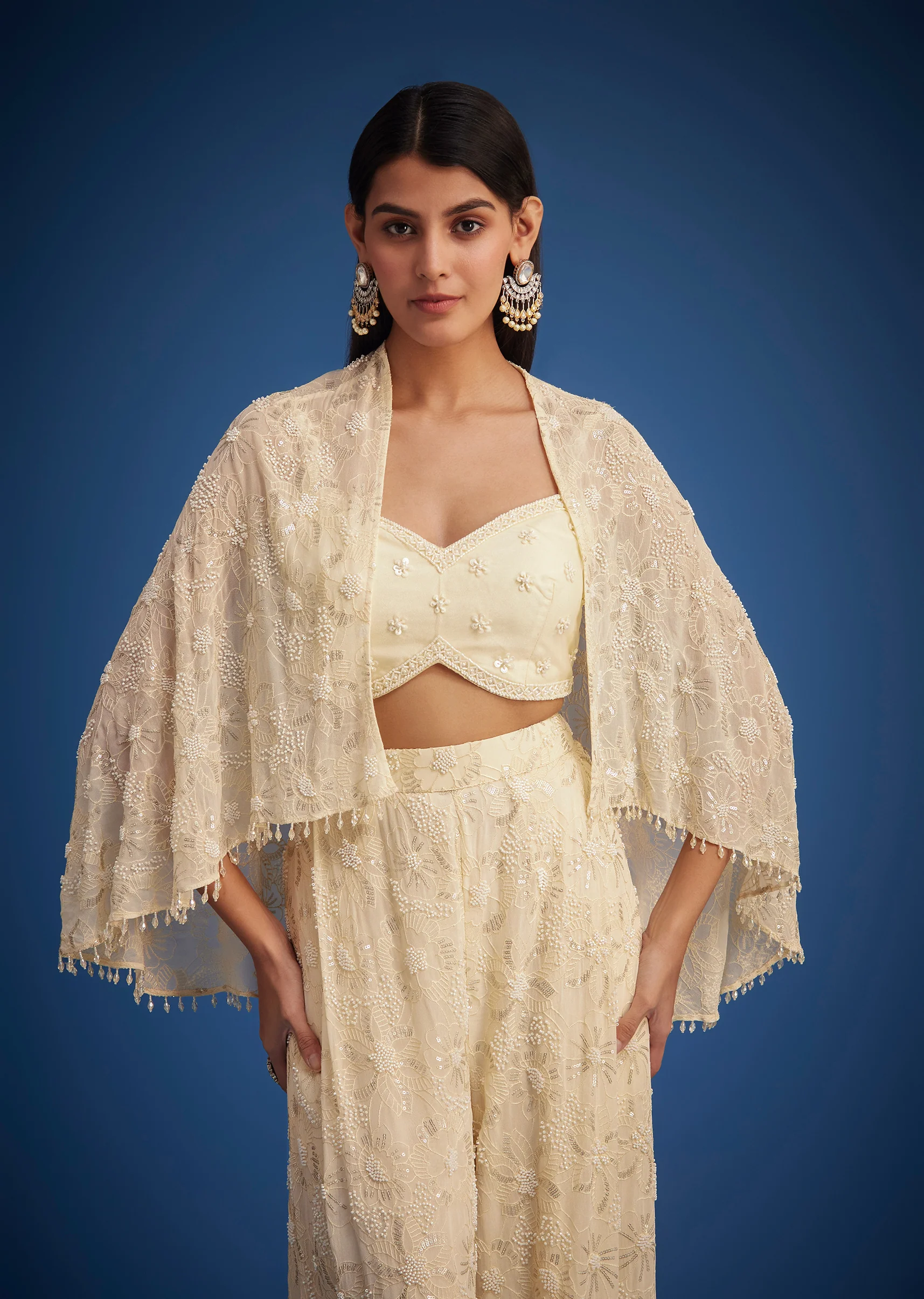 Off White Embroidered Cape Palazzo Set