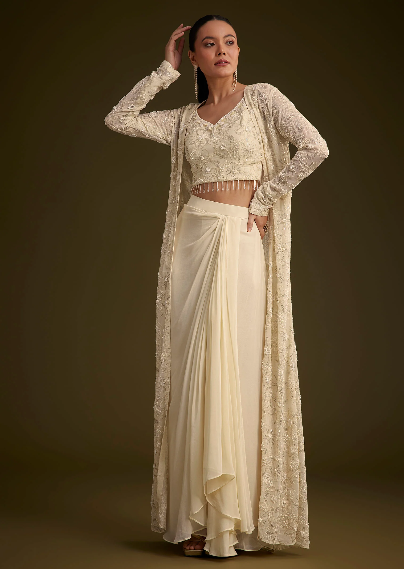 Off White Embroidered Croptop Skirt And Jacket Set