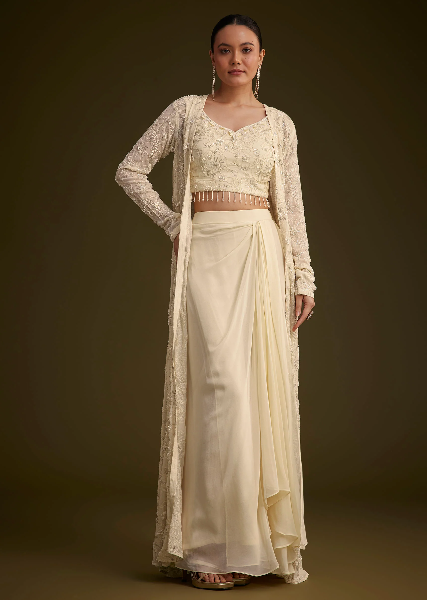 Off White Embroidered Croptop Skirt And Jacket Set - Image 3