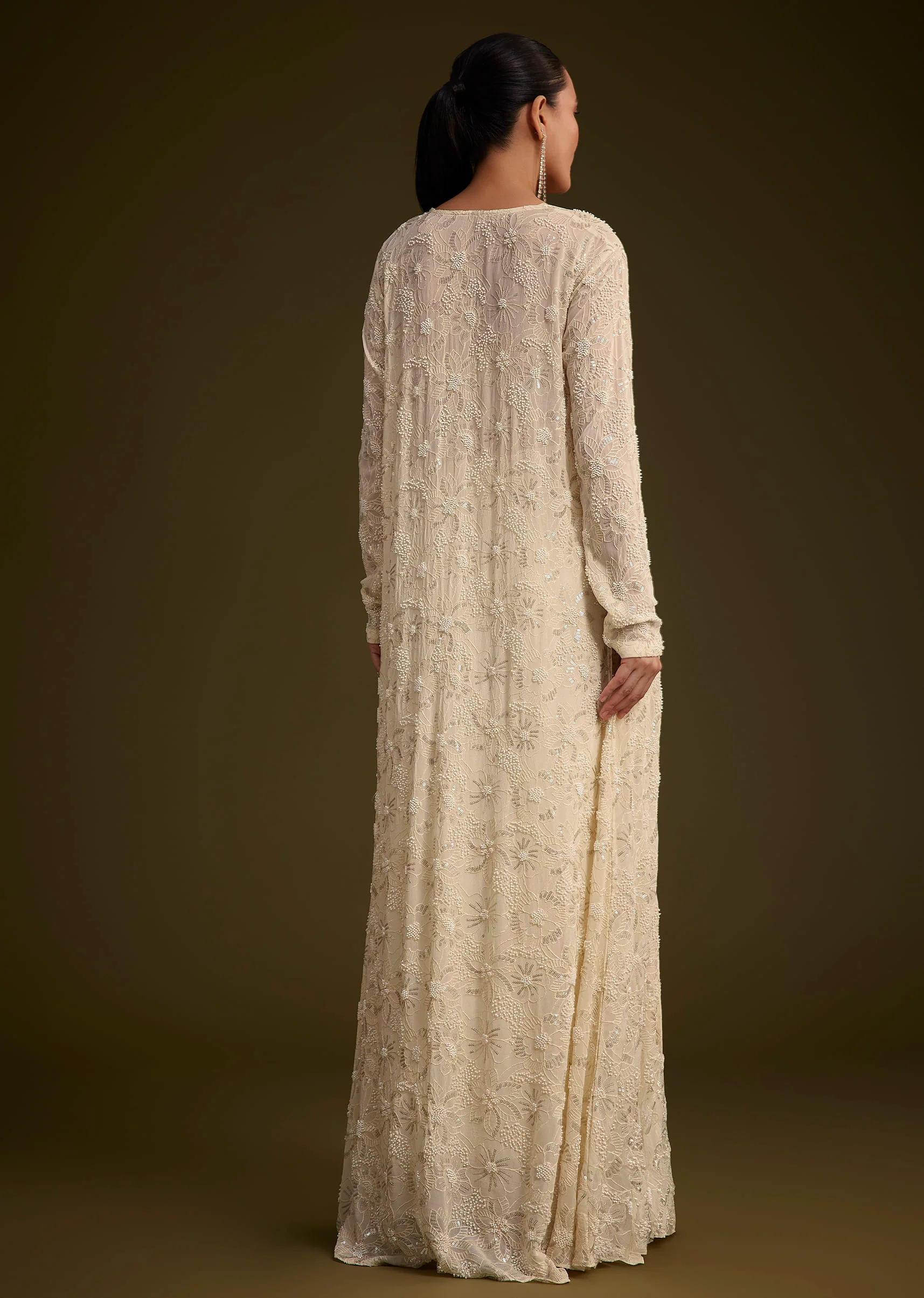 Off White Embroidered Croptop Skirt And Jacket Set - Image 5