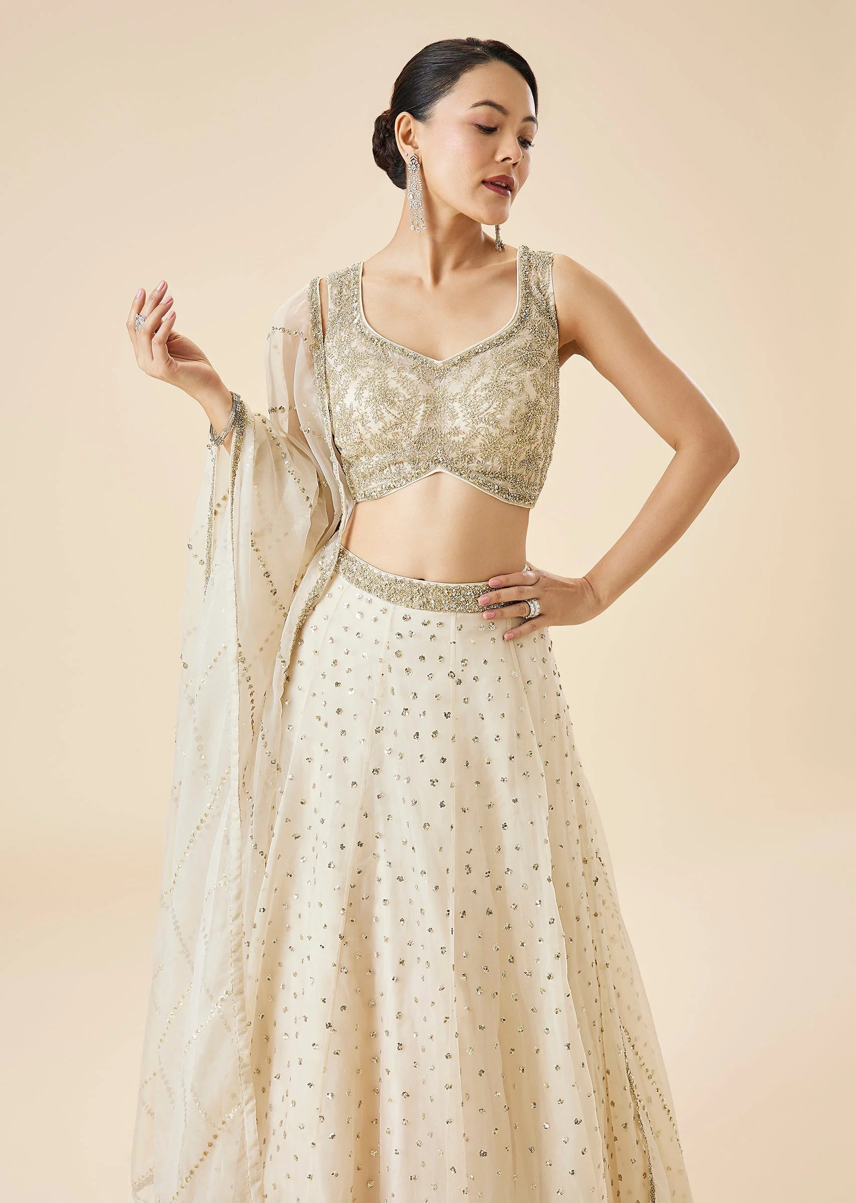 Off White Embroidered Lehenga Set With Dupatta - Image 5
