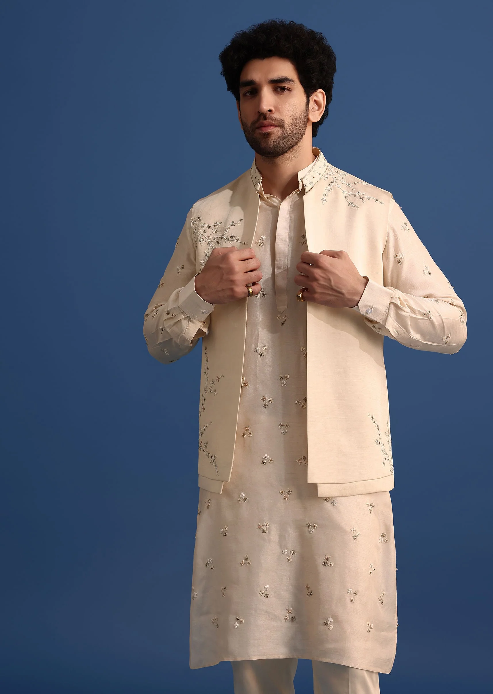 Off White Embroidered Linen Kurta Jacket Set - Image 4