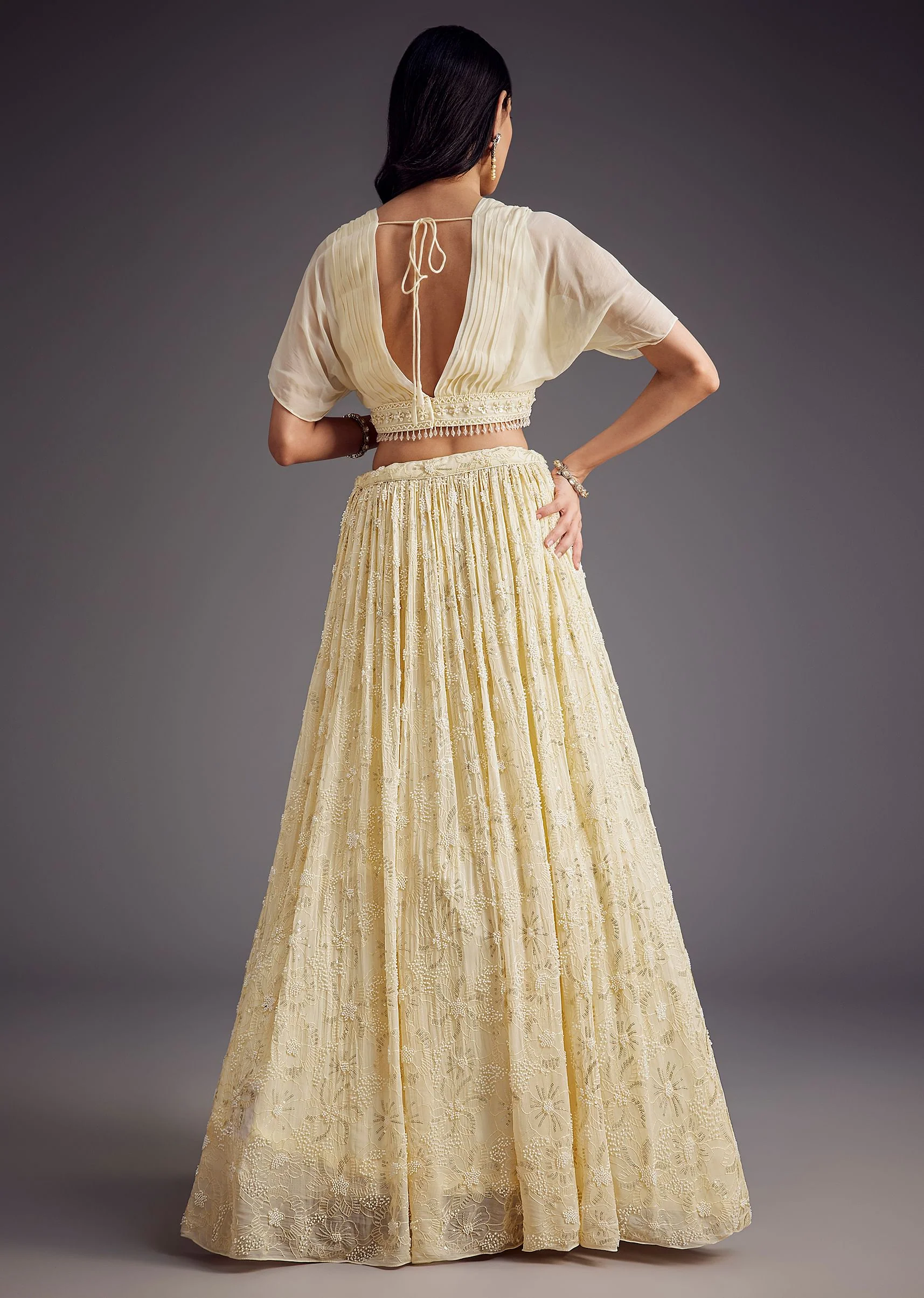 Off White Embroidered Pleated Skirt With Sheer Layered Croptop - Image 6