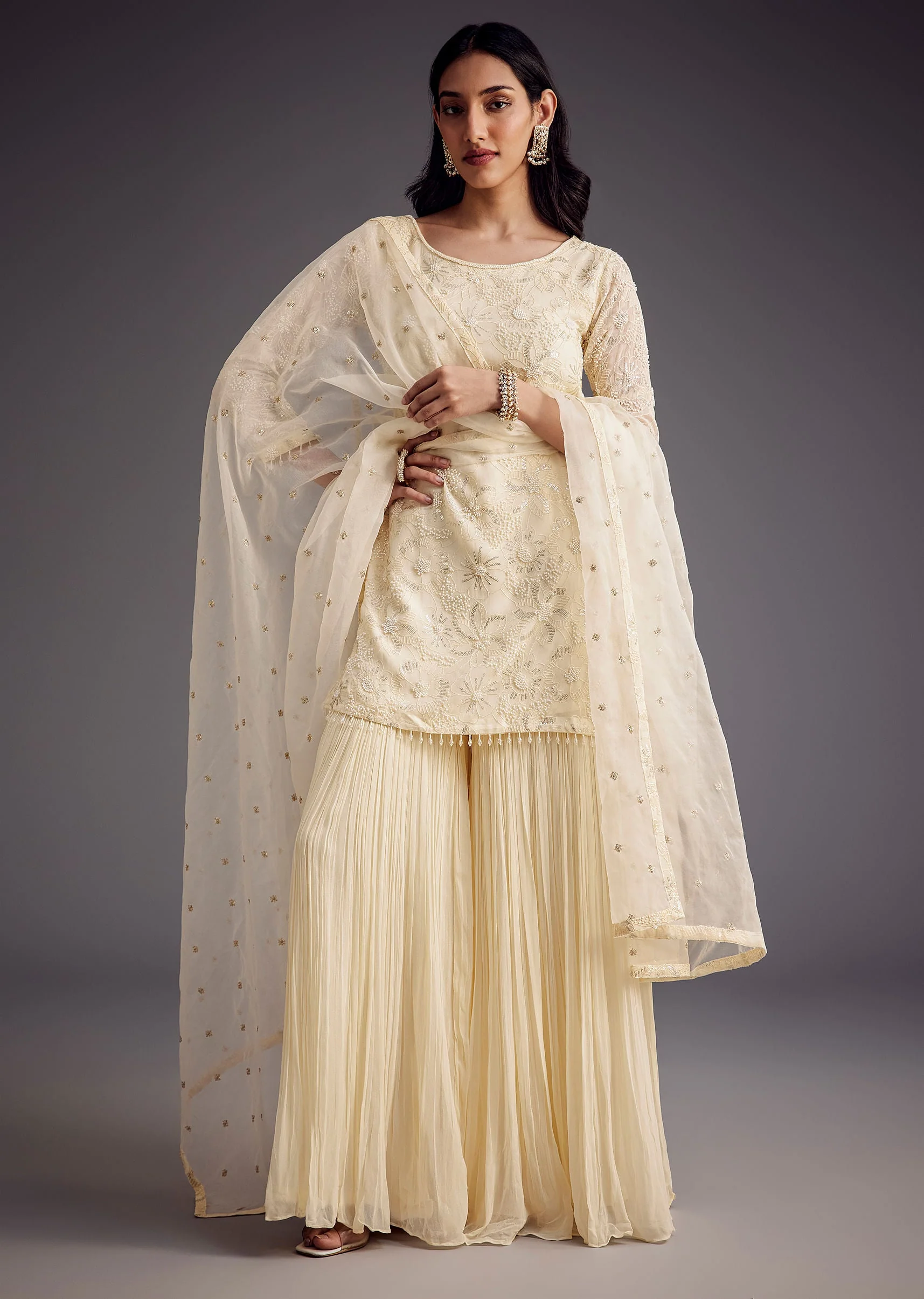 Off White Embroidered Sharara Set With Organza Dupatta - Image 2