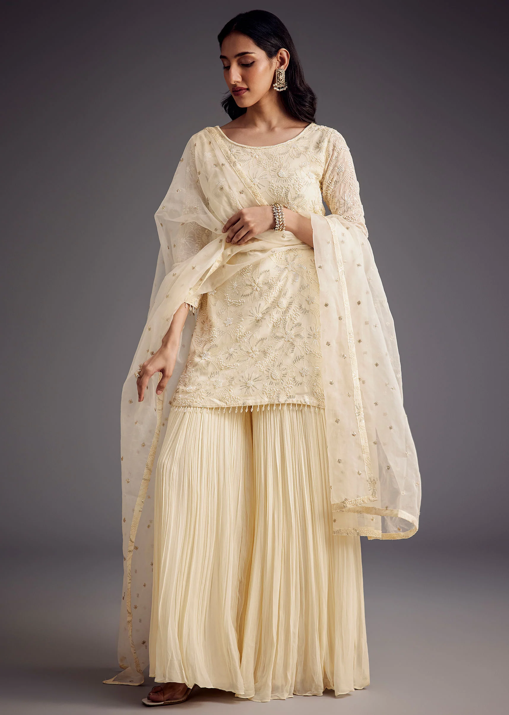Off White Embroidered Sharara Set With Organza Dupatta - Image 4