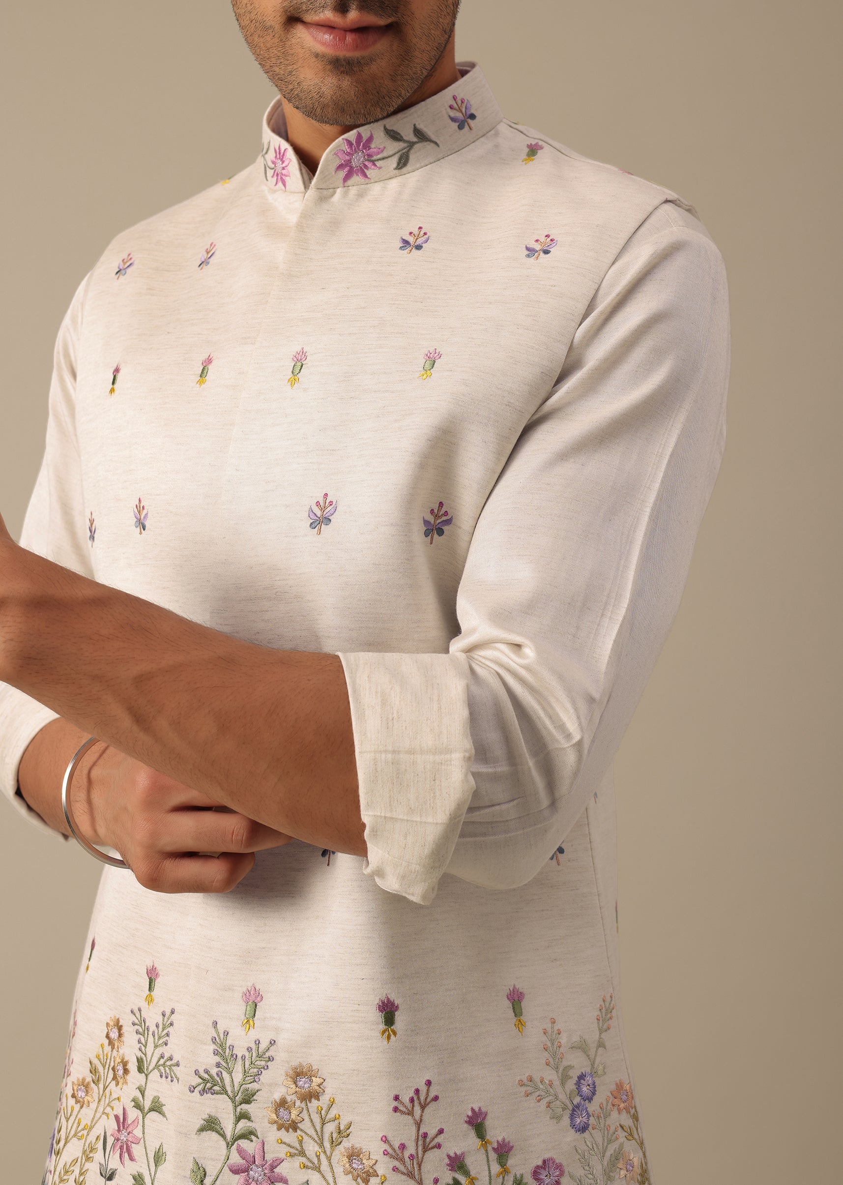 Off White Floral Embroidered Jacket Kurta Set - Image 3