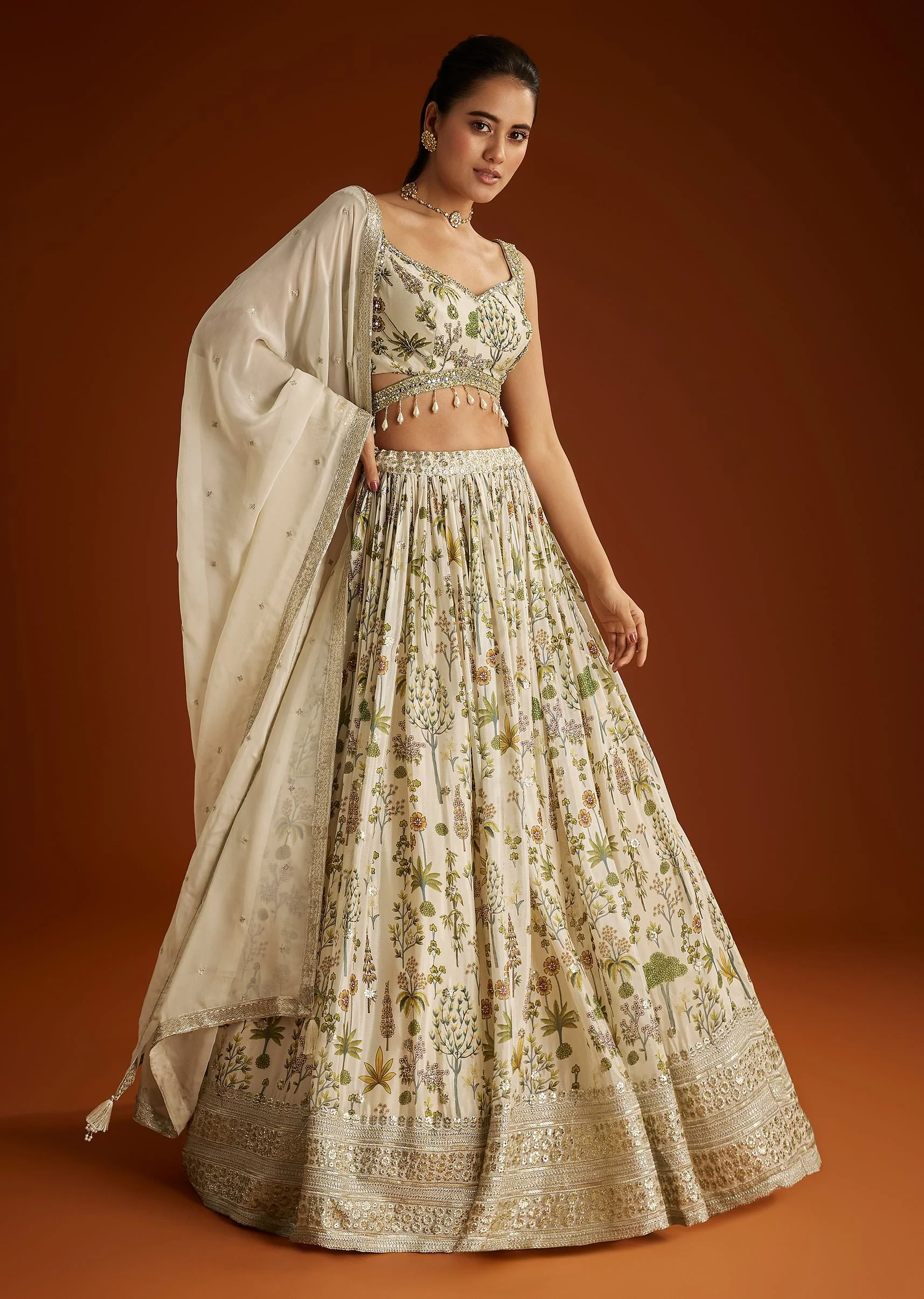 Off White Floral Printed Lehenga Choli With Butti Work Dupatta - Image 3