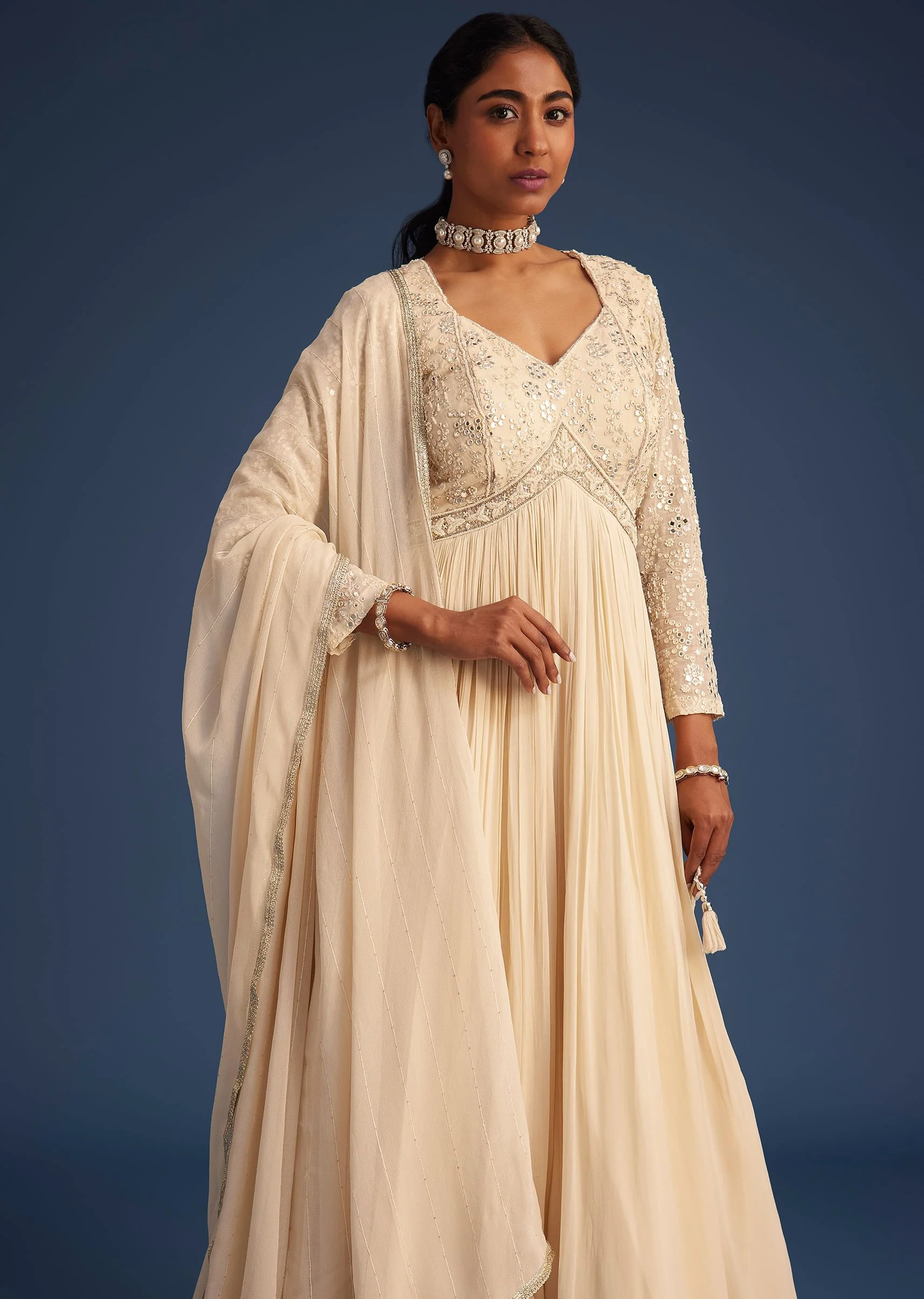 Off White Georgette Embellished Anarkali With Dupatta - Image 4