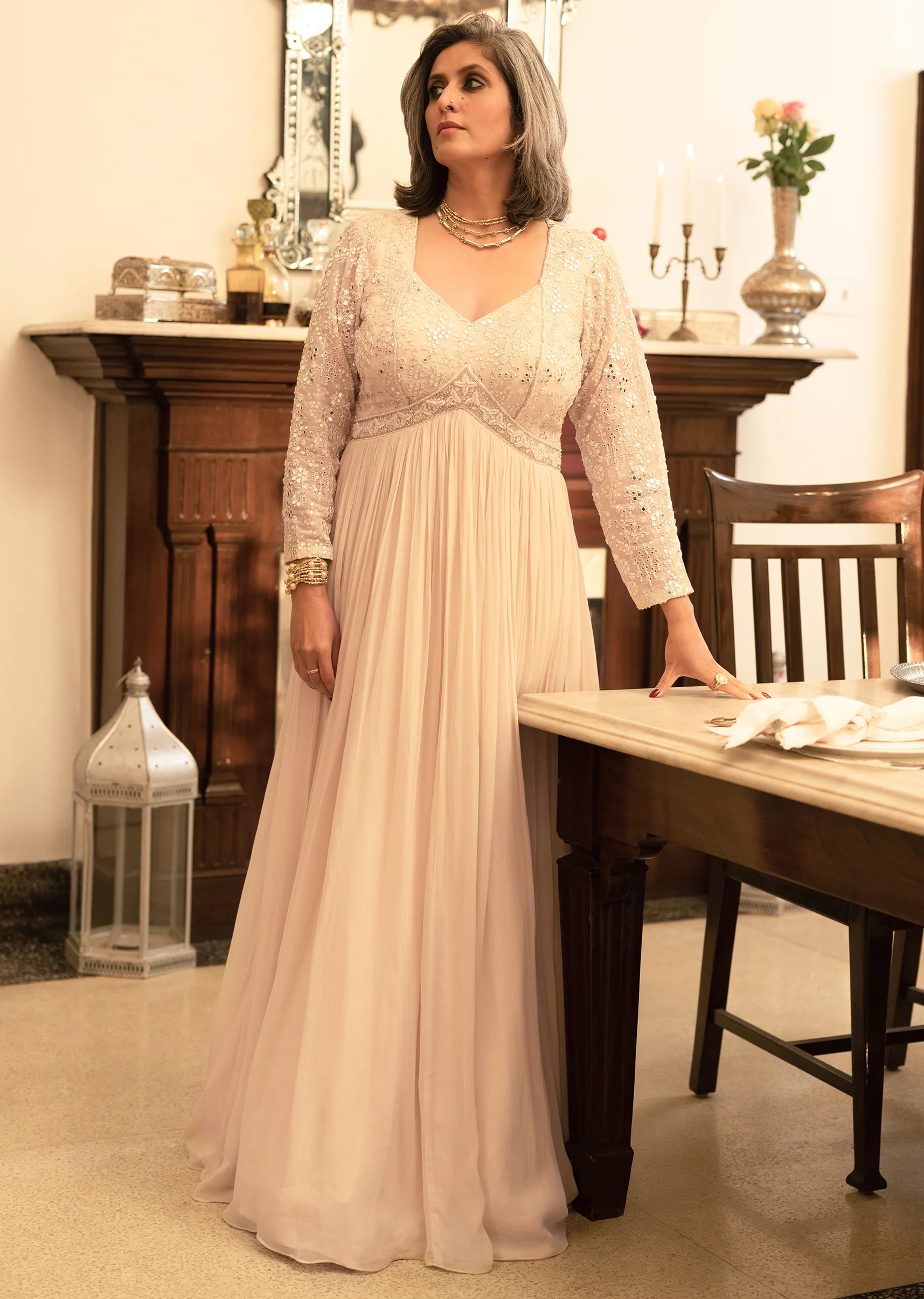 Off White Georgette Embellished Anarkali With Dupatta - Image 6