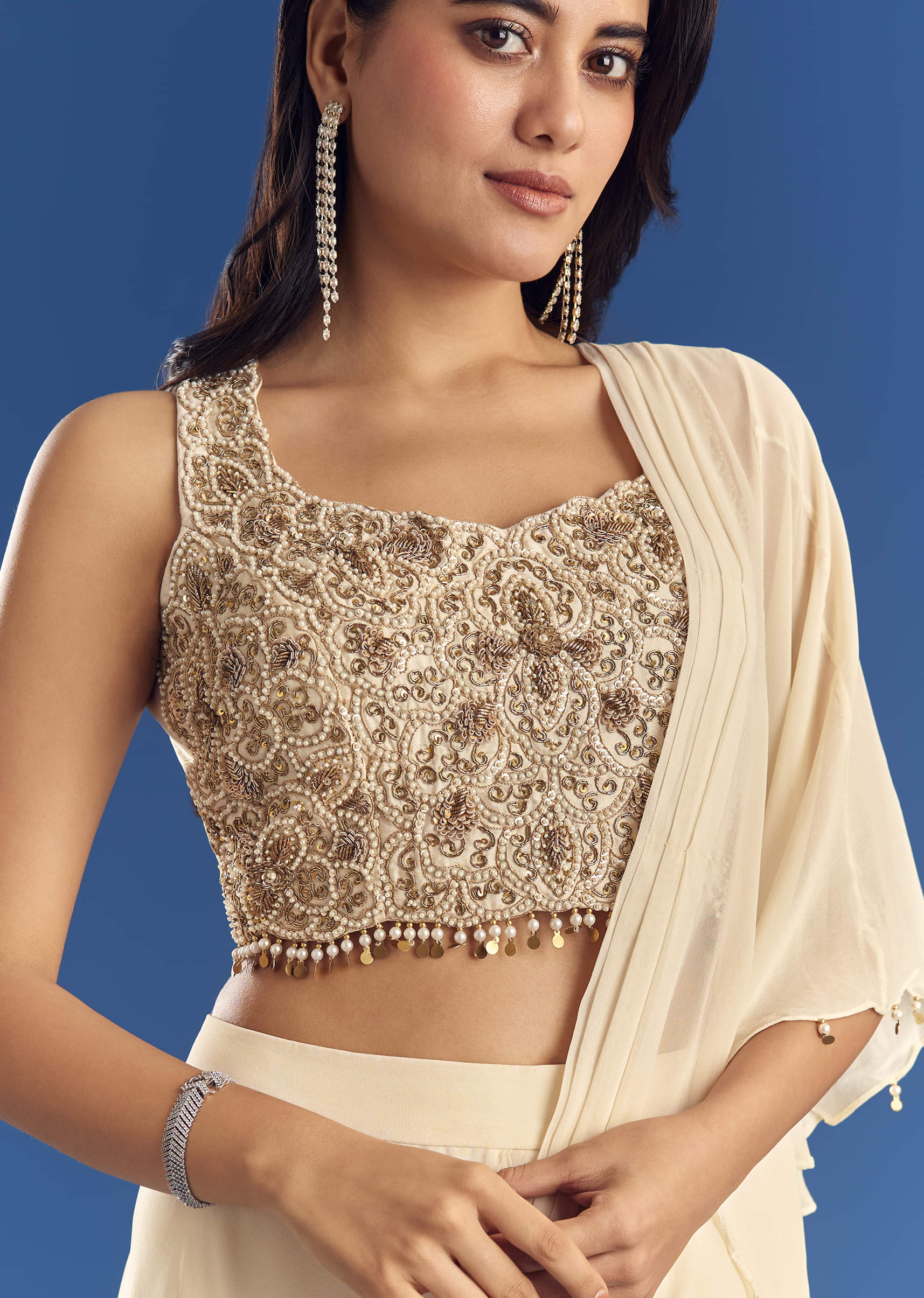 Off White Georgette Pre Draped Saree With Moti Zardosi Work - Image 4