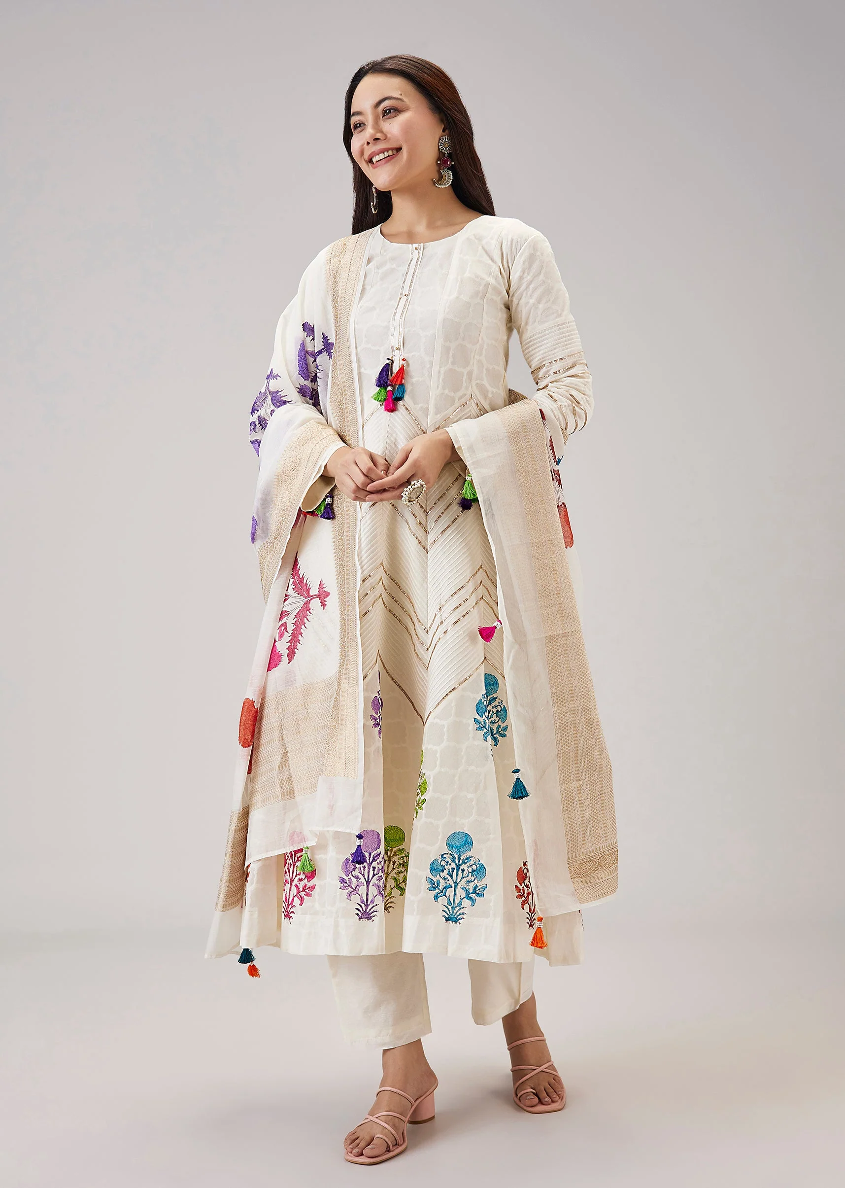 Off White Hand Block Print Anarkali With Gotta Lace Work - Image 3