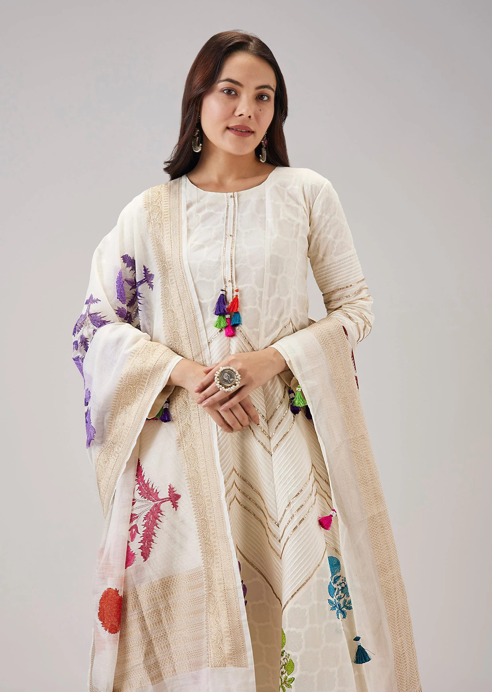 Off White Hand Block Print Anarkali With Gotta Lace Work - Image 4