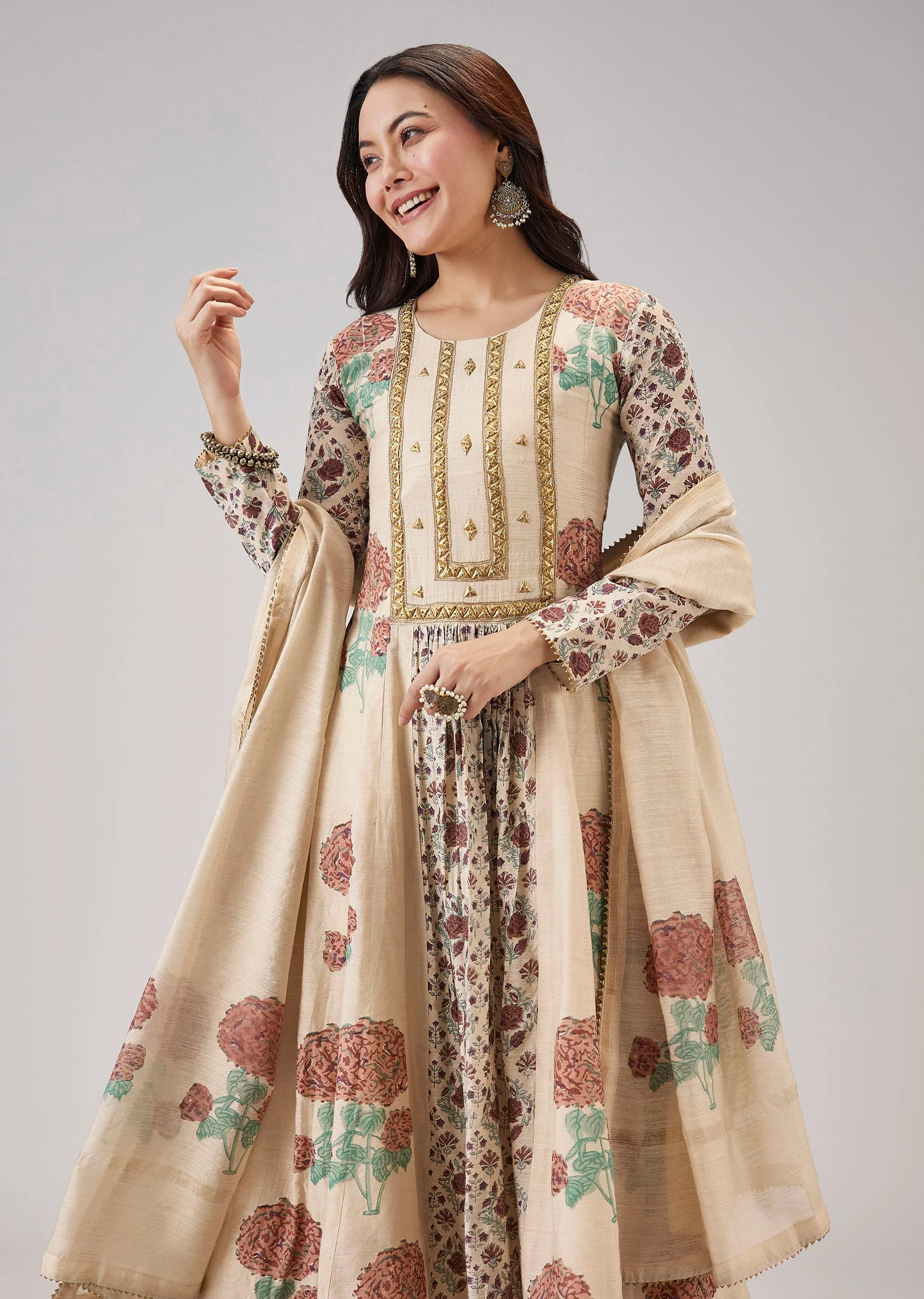 Off White Hand Block Print Anarkali With Sequins Work - Image 4