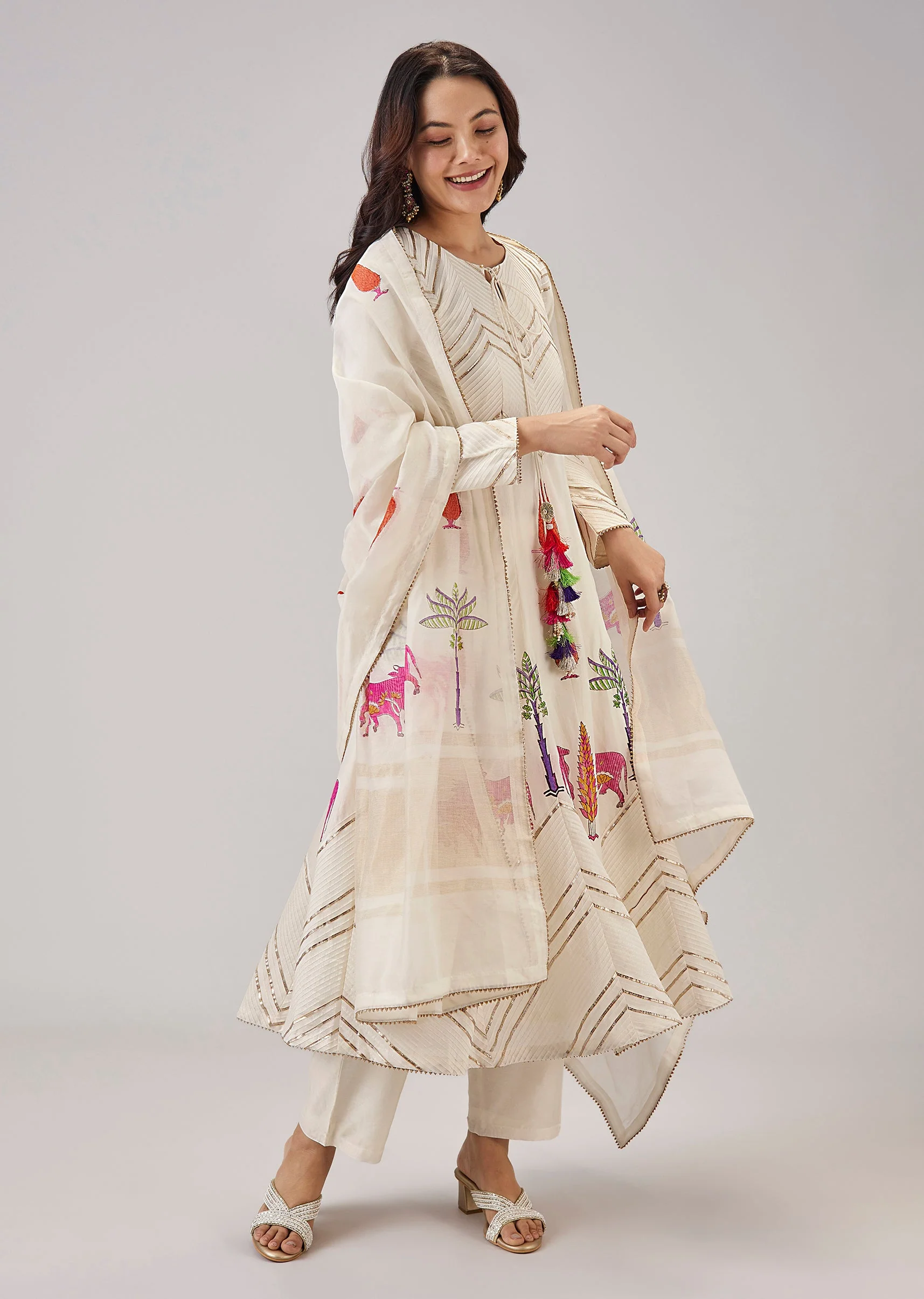 Off White Hand Block Printed Anarkali Adorned with Gota Lace - Image 3