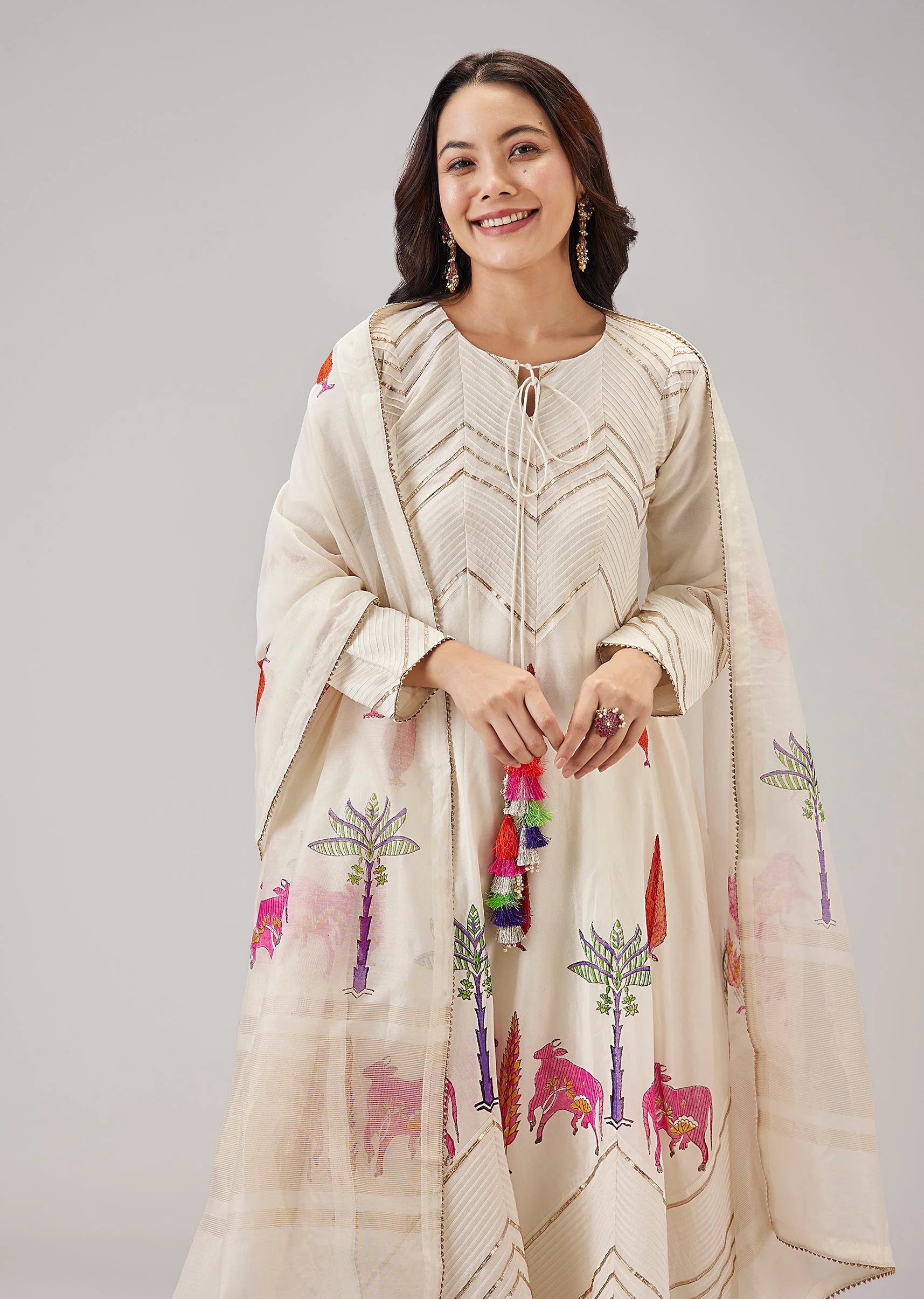 Off White Hand Block Printed Anarkali Adorned with Gota Lace - Image 4