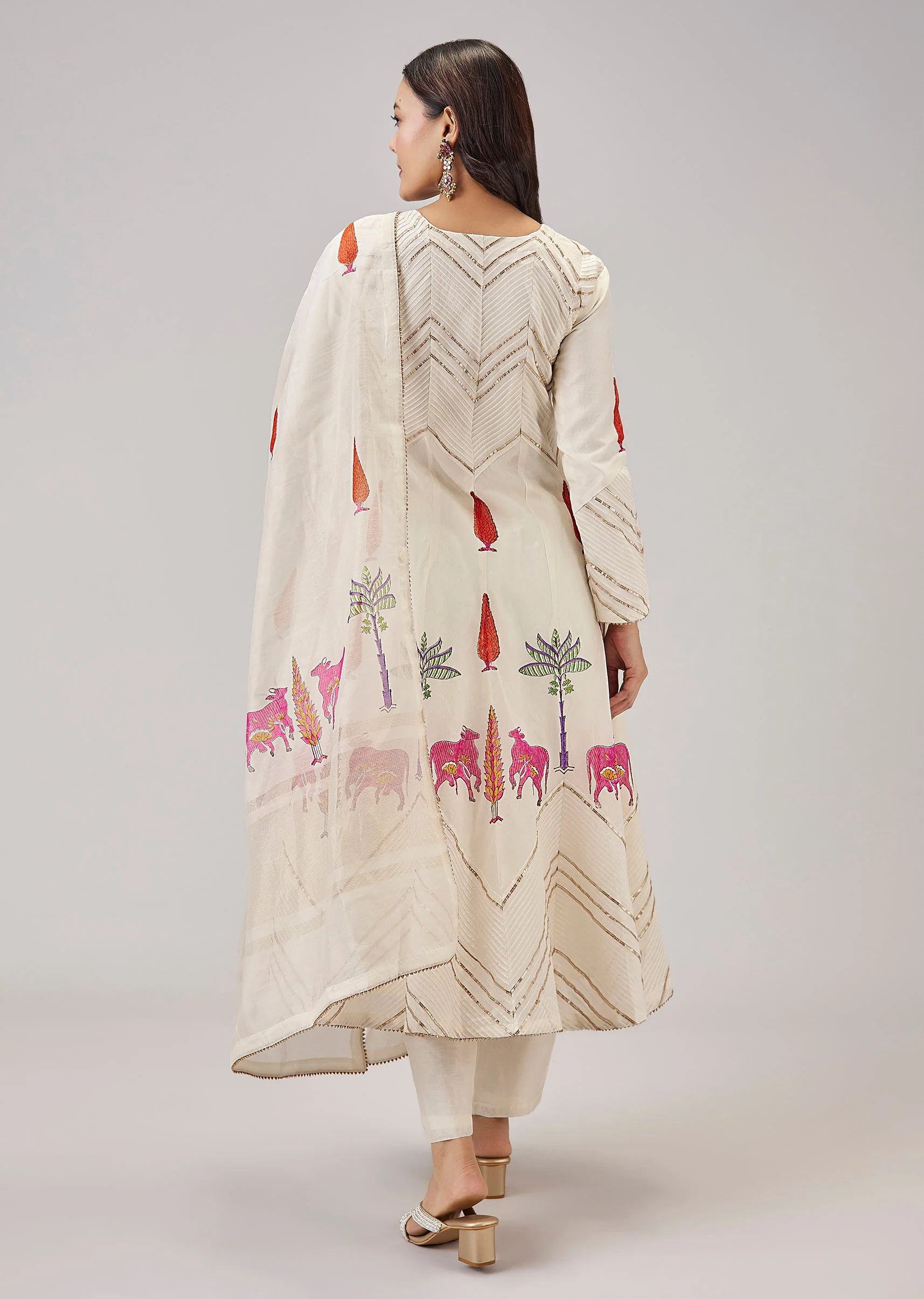 Off White Hand Block Printed Anarkali Adorned with Gota Lace - Image 5