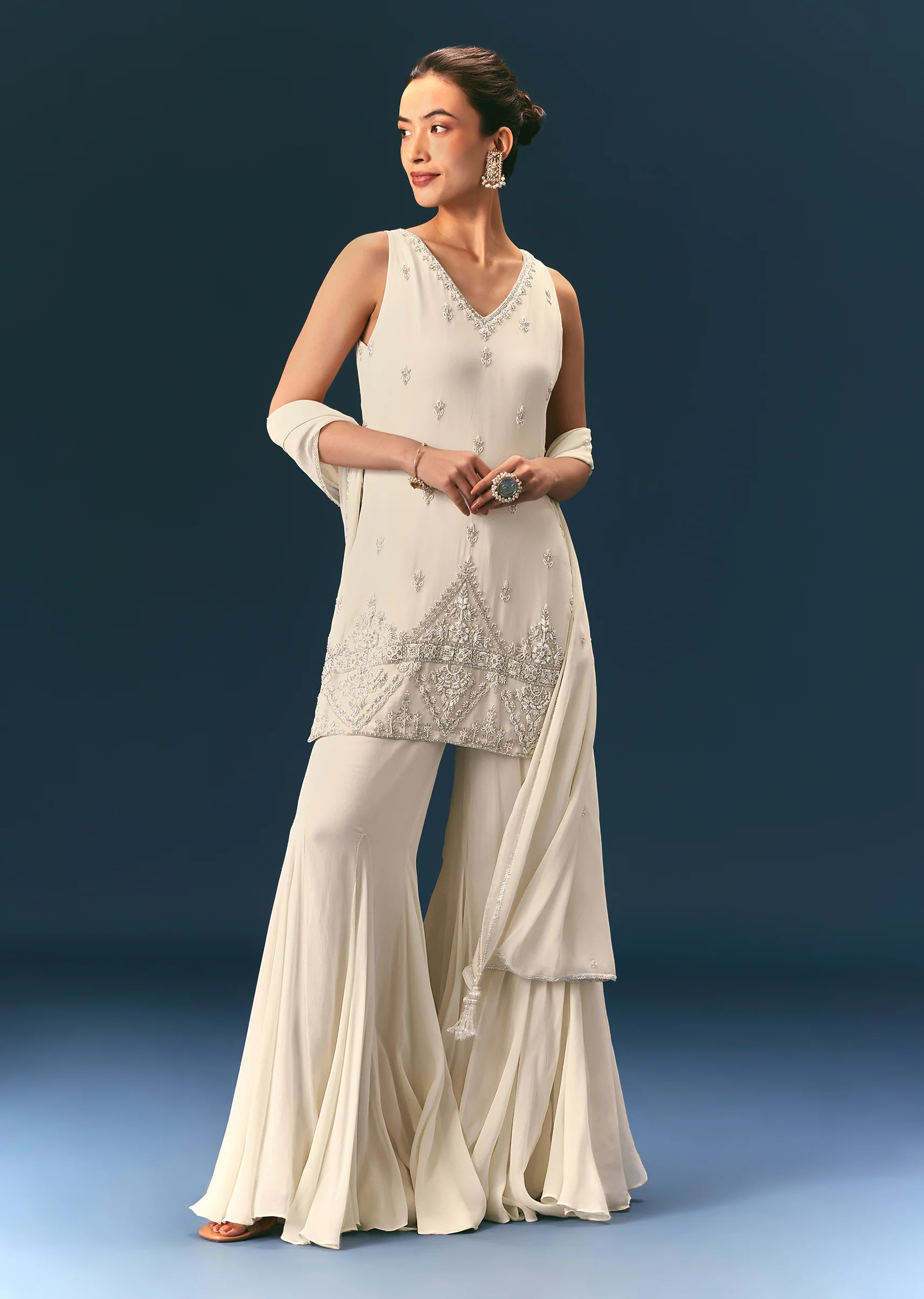 Off White Hand Embroidered Sharara Suit With Choker Dupatta - Image 4